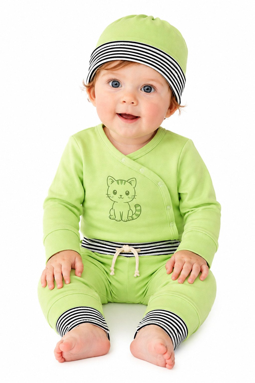 Erstausstattungspaket Baby Anzug Wickelbody Hose Mütze in Grün mit Kratze Set neutral