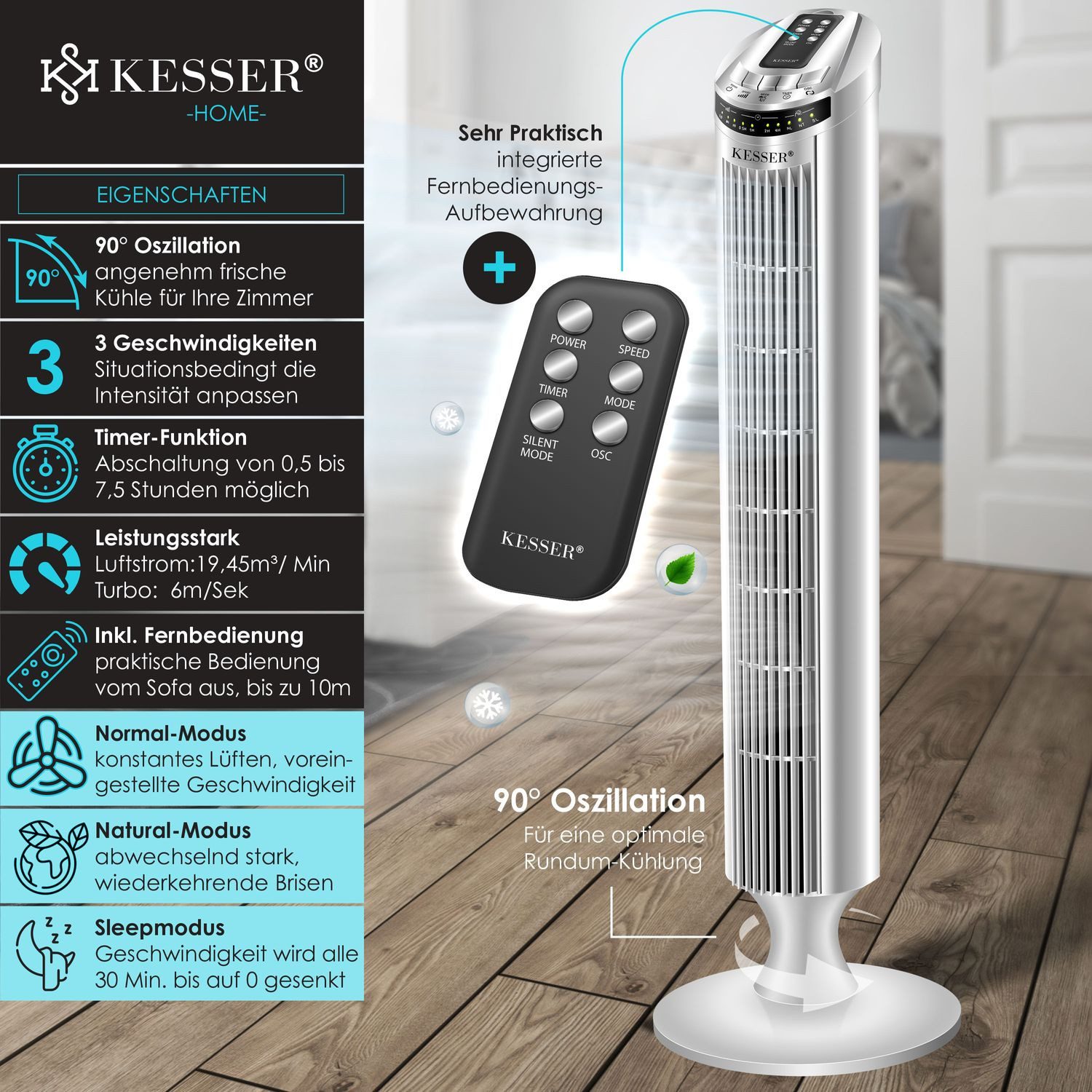 KESSER Turmventilator, Turmventilator FERNBEDIENUNG Ventilator LED günstig online kaufen