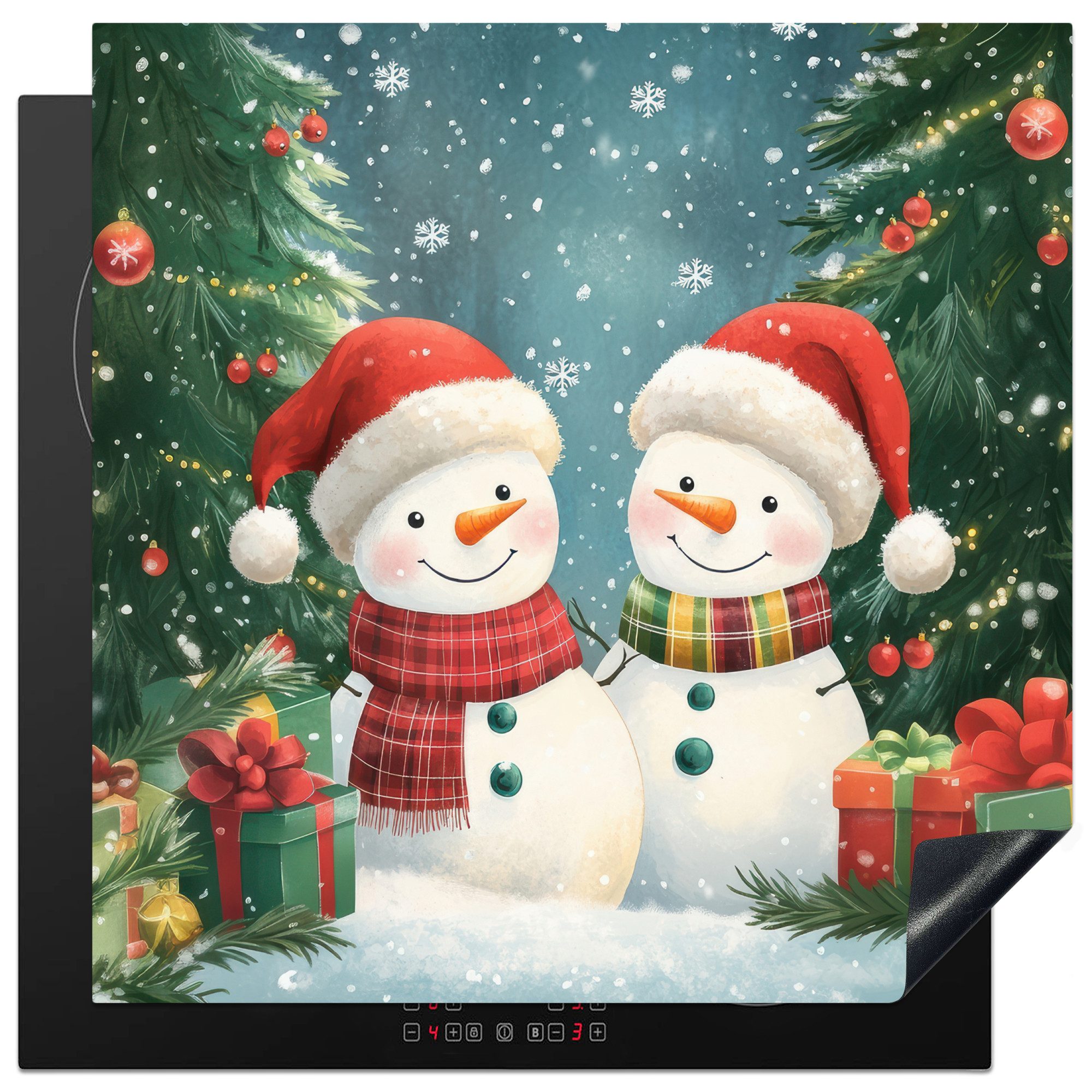 MuchoWow Herd-Abdeckplatte Schneemann - Weihnachtsschnee - Grün - Rot, Vinyl, (1 tlg), Küche Herdabdeckung Ceranfeld Induktionsfeld Vinyl, 60x60 cm