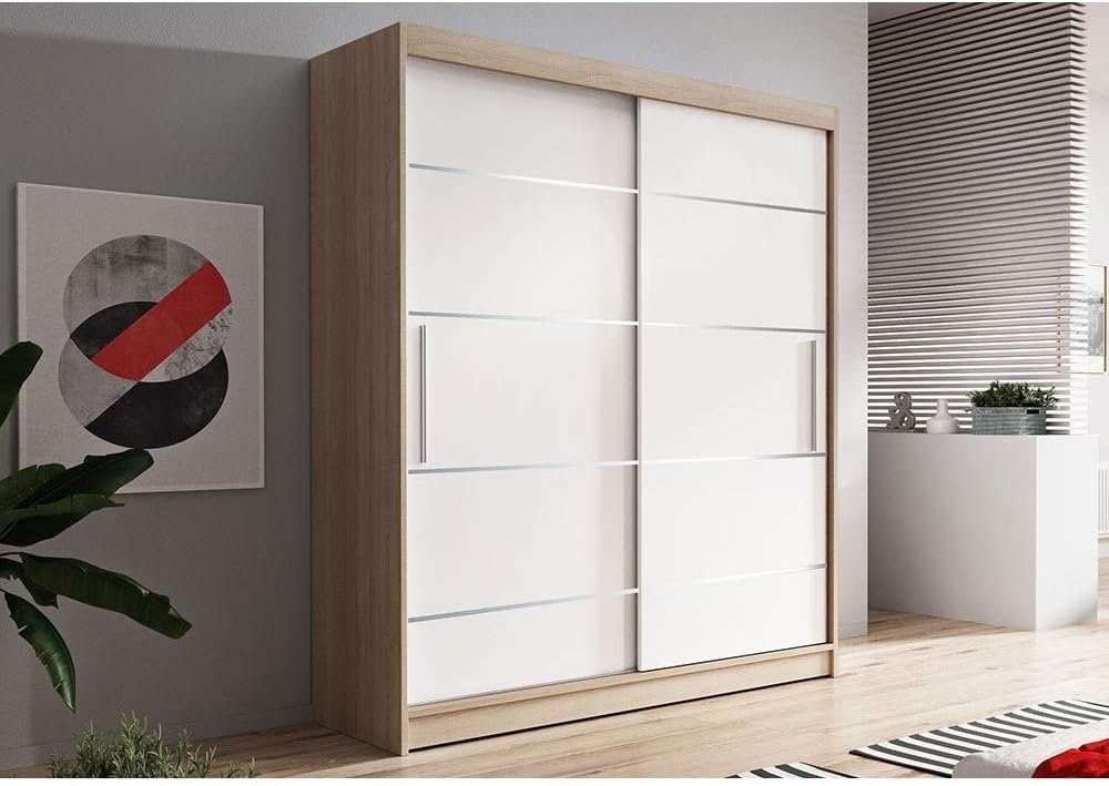 Schrank, Einlegeböden Weiß 2-türig Kleiderschrank MOEBLO (BxHxT): 06 150x200x61 cm Aiminium, | und Schwebetürenschrank (mit LARA Kleiderstange), Gaderobe aus mit vielen Sonoma dekorativen Elementen