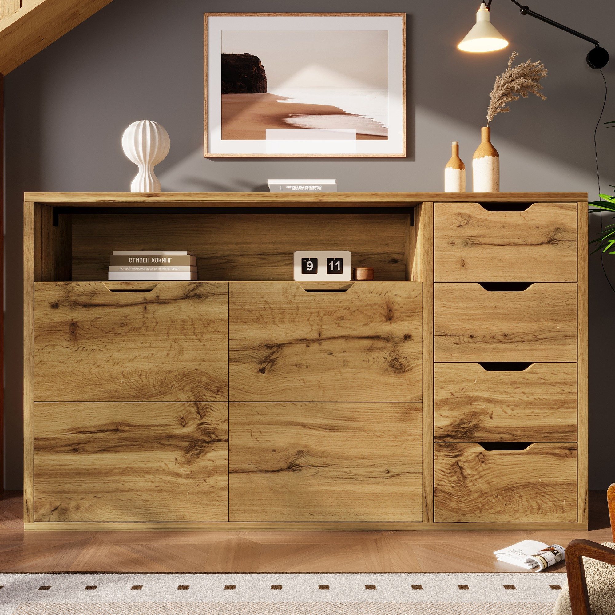 BlingBin Sideboard Kommode in Eicheoptik mit 4 Schubladen und 2 Türen (Aufbewahrungsschrank, 1 St., 150x40x90 cm mit offenem Fach, höhenverstellbaren Einlegeböden), Softclose‑Metallscharniere und Kippsicherung, für Wohnraum und Flur