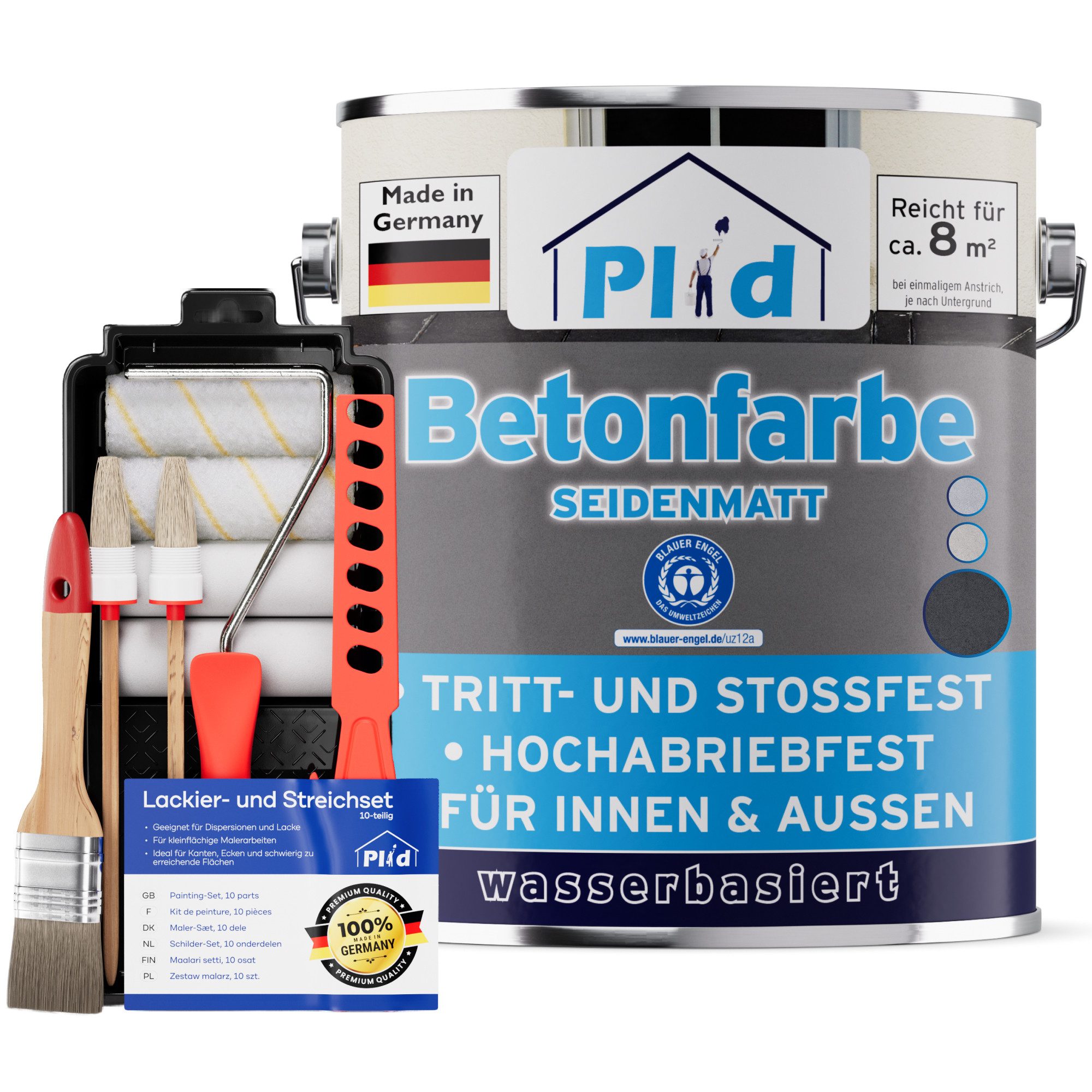 plid Acryl-Flüssigkunststoff Betonfarbe Sockelfarbe Bodenfarbe Bodenbeschichtung mit Streichset, Schnelltrocknend