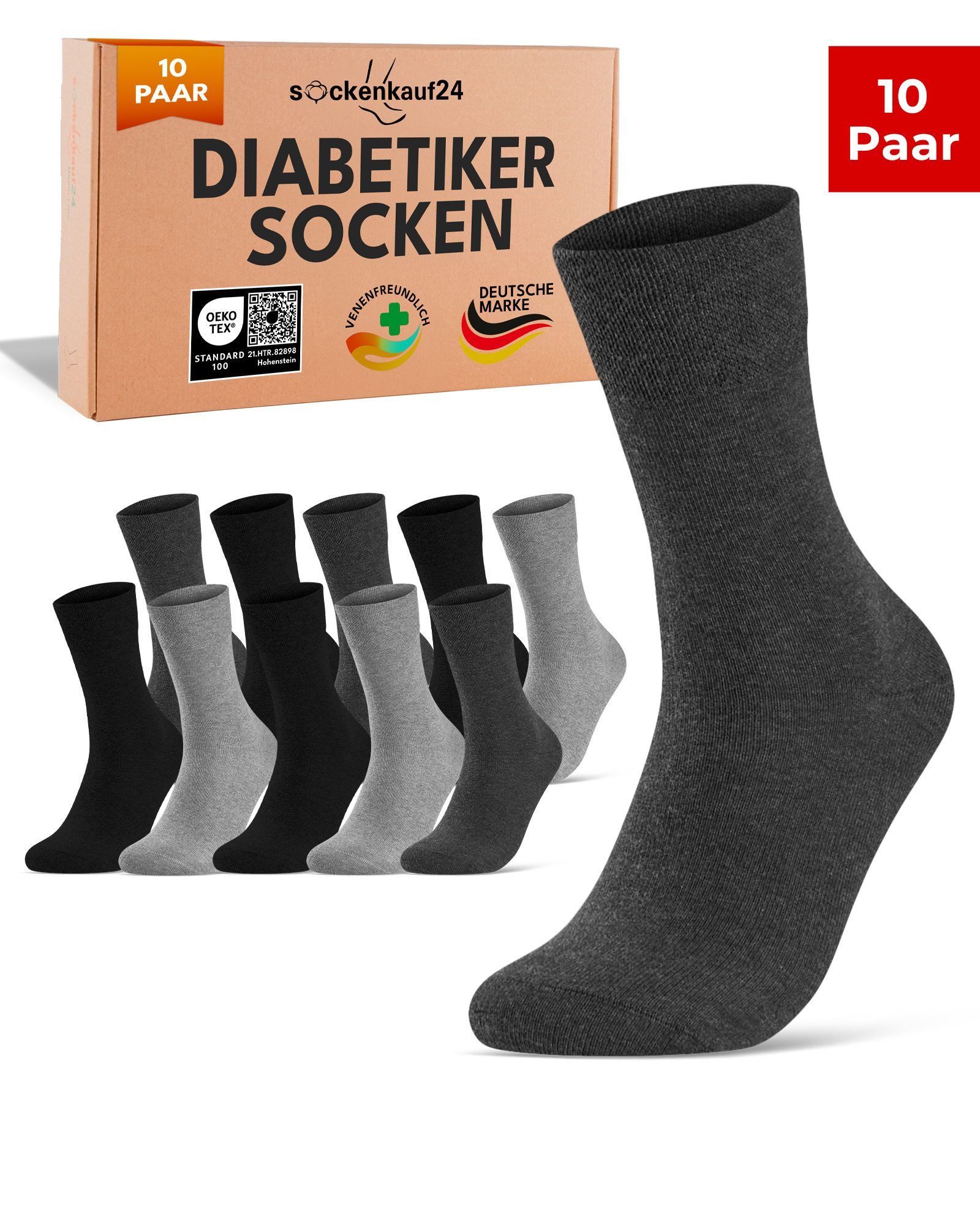 sockenkauf24 Diabetikersocken ohne Gummibund & ohne Naht aus Baumwolle (10-Paar) Diabetiker Socken mit Komfortbund ohne Gummi für Damen & Herren
