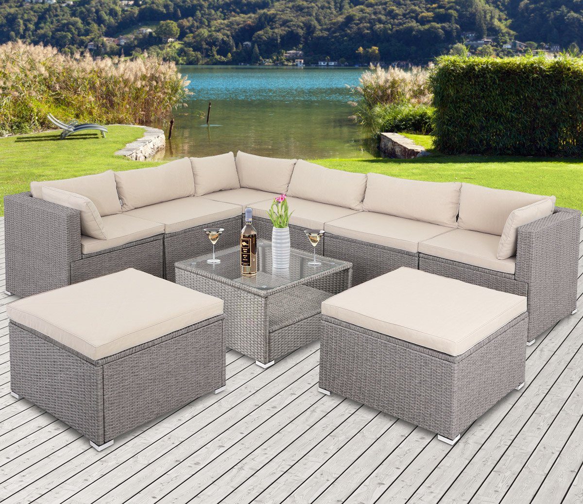 Casaria Gartenlounge-Set Merlion, (26-tlg), Gartenmöbel 8 Personen Tisch 7cm Auflagen Sicherheitsglas Lounge