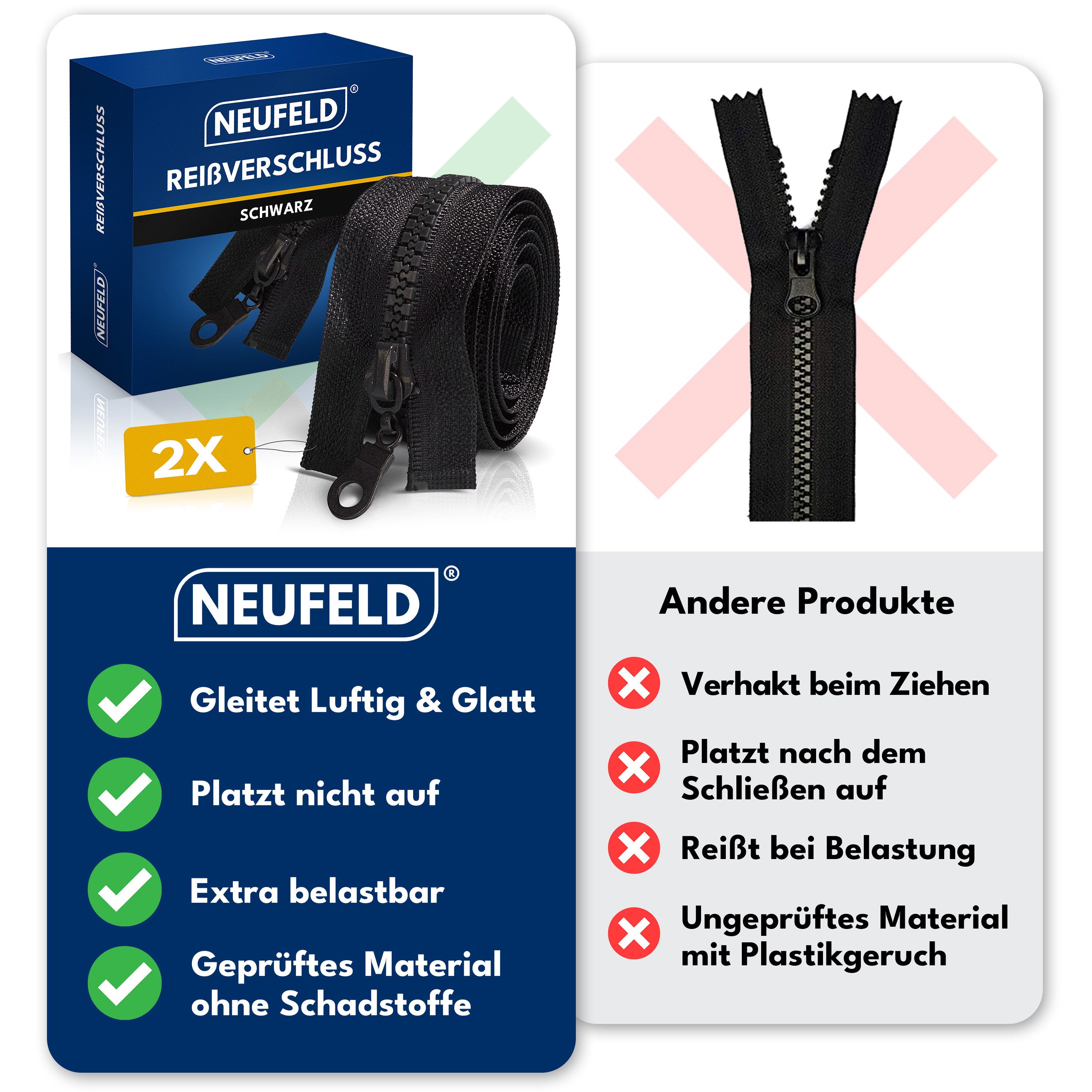 NEUFELD Reißverschluss Schwarz I 2er Vorteilspack für Jacken, Taschen & Bettwäsche, 2er Vorteilspack Leichtgängiger Zipper Kein Verhaken Stabiler Halt