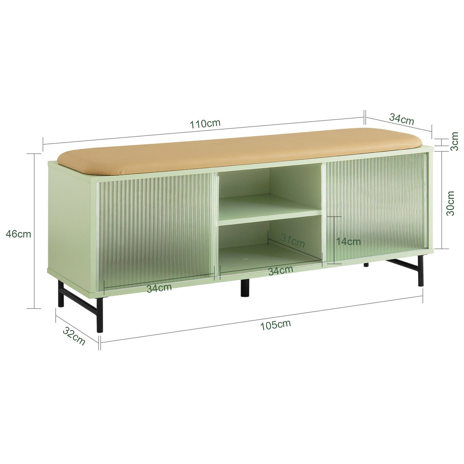 SoBuy Schuhbank FSR115, Sitzbank und Sitzfläche Schiebetüren mit Glas Garderobenbank grün aus