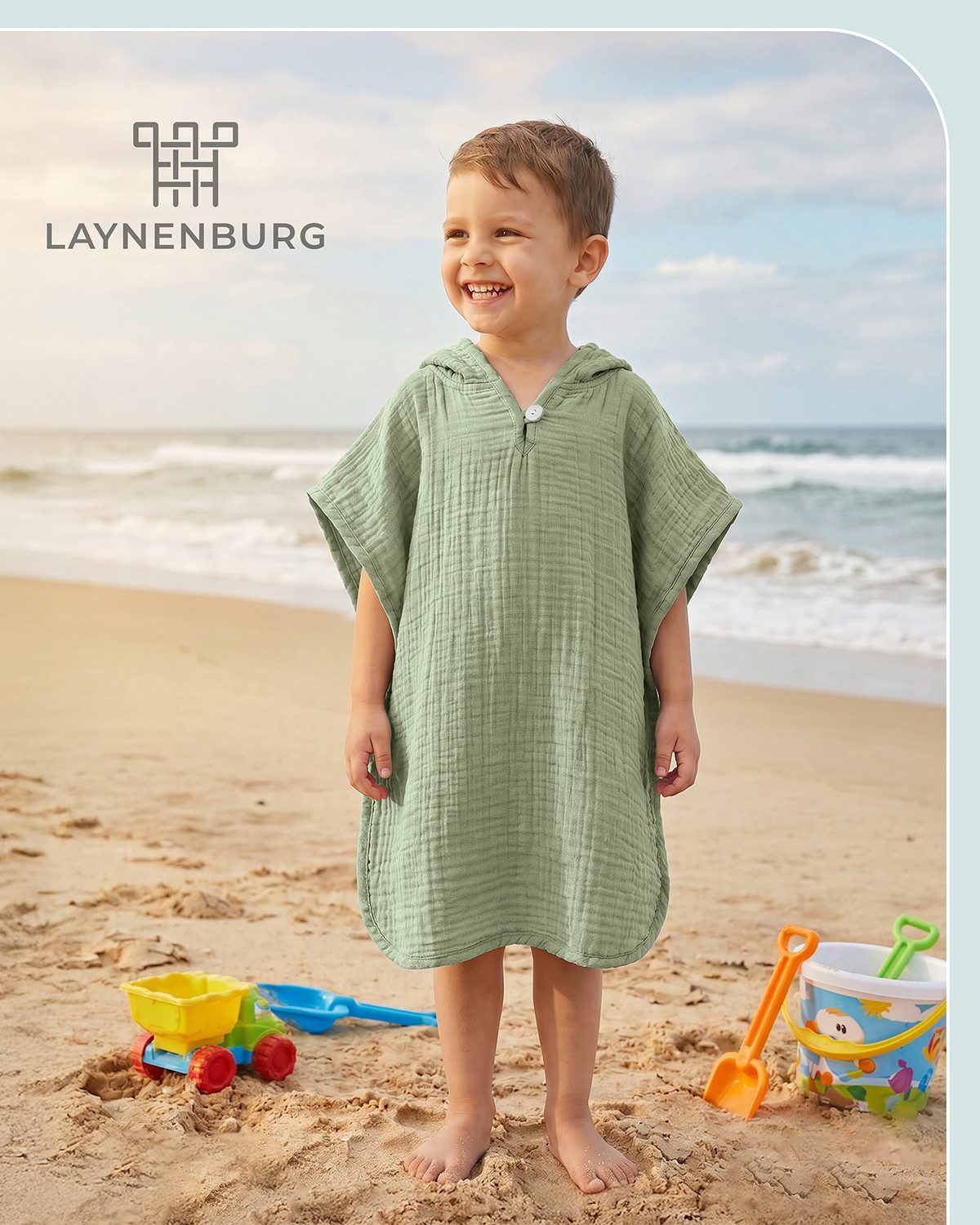Laynenburg Badeponcho Musselin für Kinder mit Kapuze - Poncho aus 100% Baumwolle, als strandponcho, surf Handtuch poncho für Baby, Mädchen & Jungen