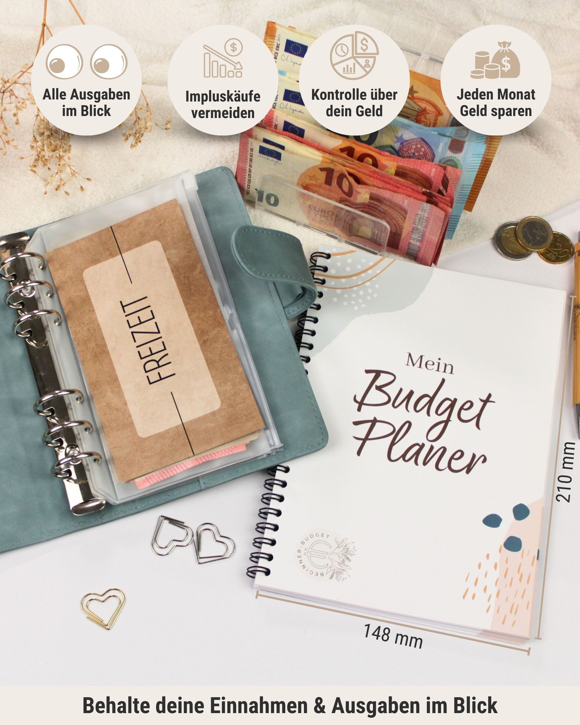 BeginnerBudget Ringbuchkalender Budget Planner & Haushaltsbuch Starter-Set: Sparbuch & Spar-Challenges, Sparen mit Umschlagmethode + Anleitung - Ringbuch - Binder A6