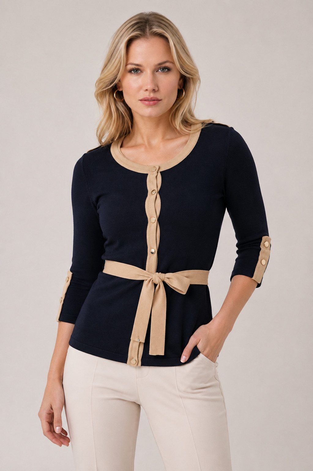 Passioni Cardigan Twinset in Navy mit Schleifendetails