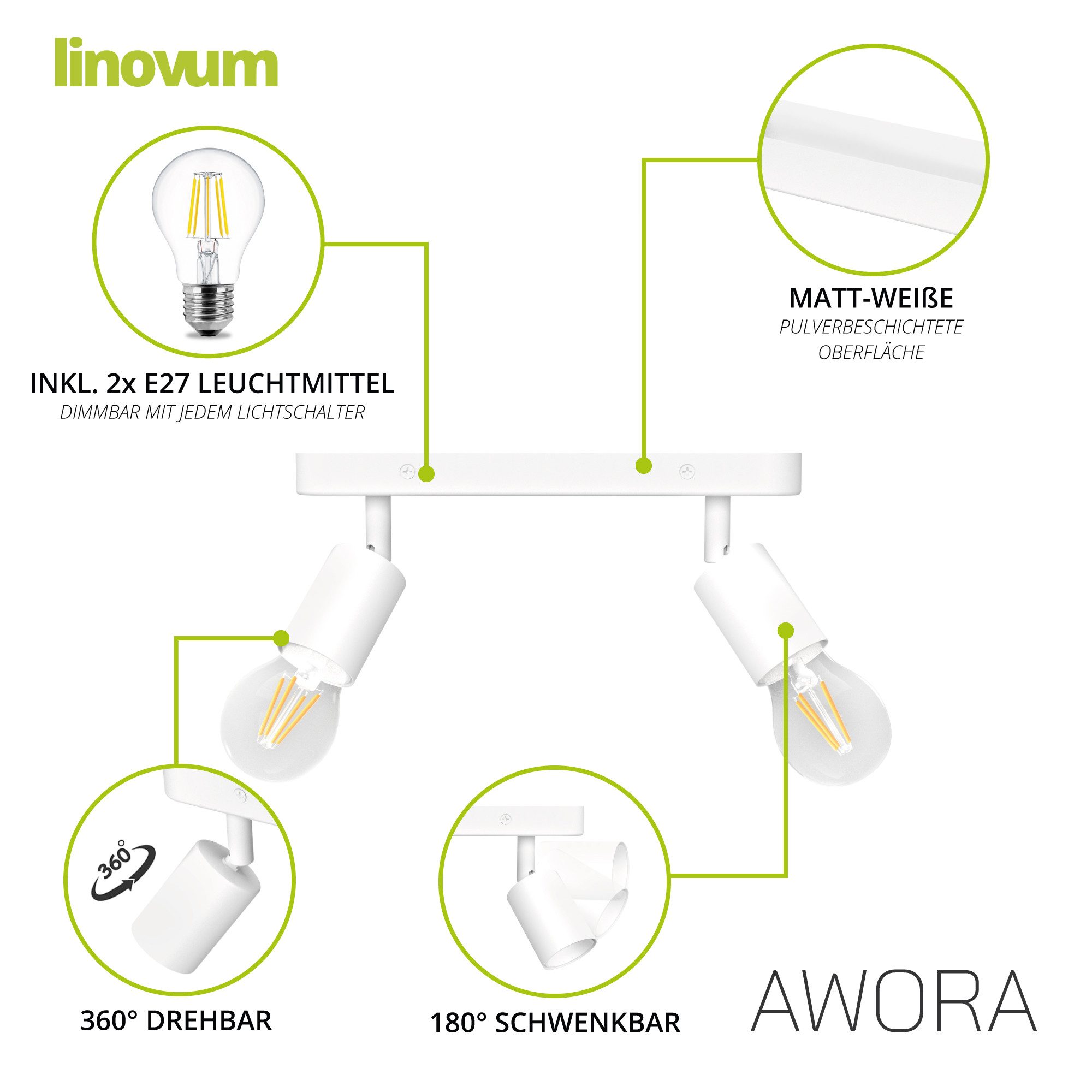 linovum LED Aufbaustrahler AWORA Wohnzimmerlampe 2flammig mit 2x E27 fourSTEP Lampe warmweiß Spot, Warmweiß