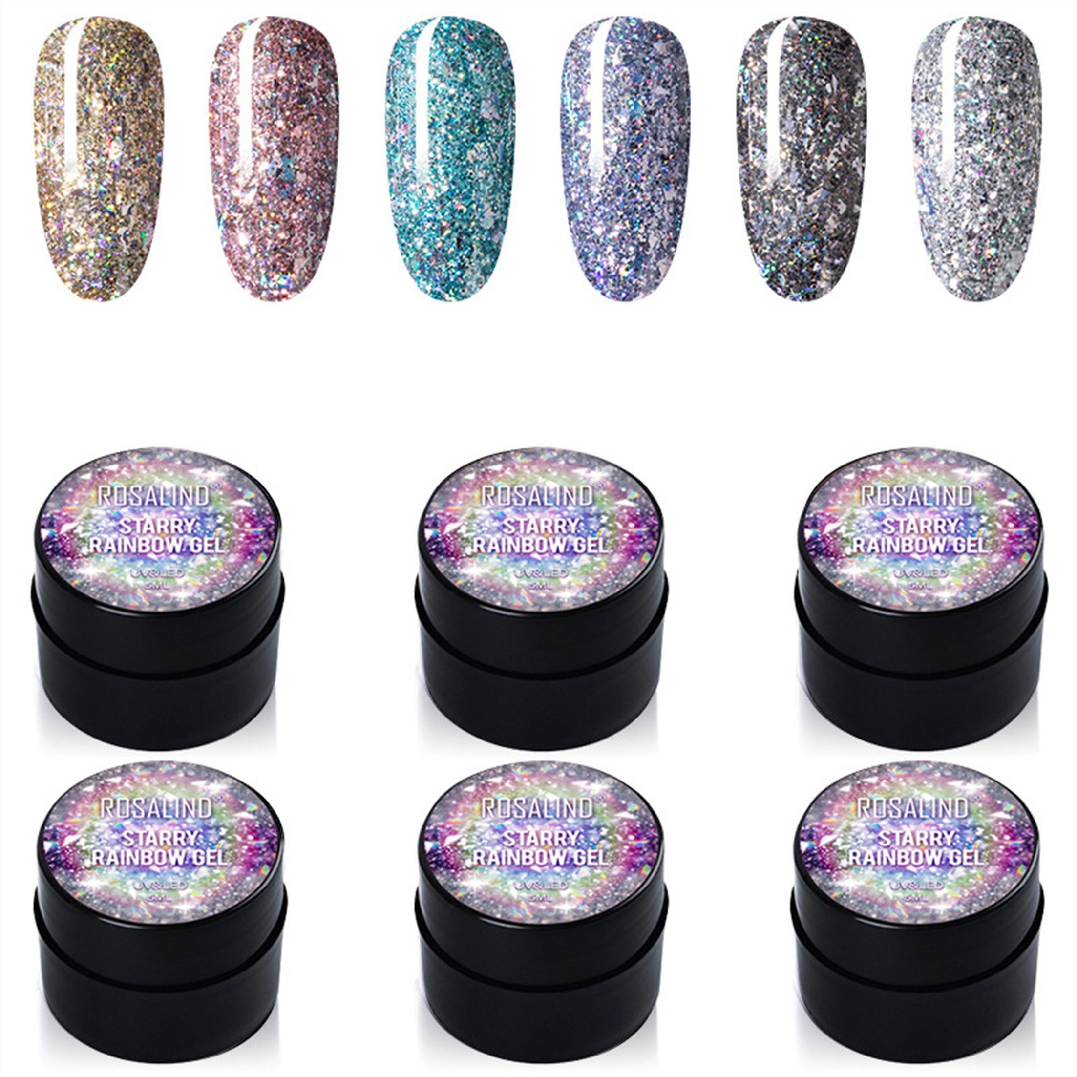 KINSI Nagellack-Set Gel-Nagellack Set mit Glitzer & Diamant-Effect - 6 Farben, No-Wipe Top Coat für langanhaltende French Maniküre zu Hause