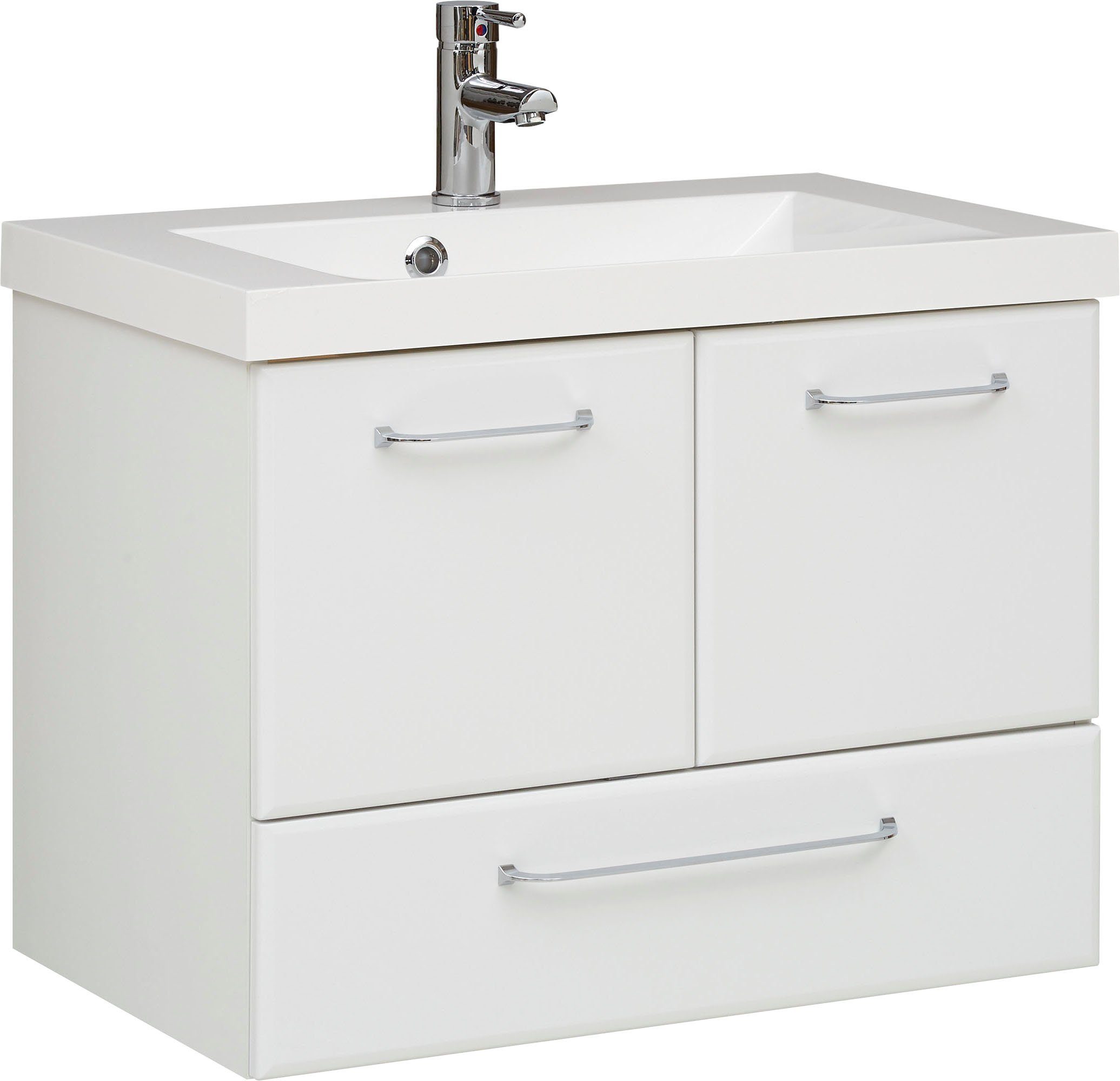 Saphir Waschtisch Quickset Mineralmarmor-Waschtisch mit Unterschrank, 74 cm breit, Wachplatz, Griffe Chrom Glanz, inkl. Türdämpfer, 2 Türen, 1 Schublade