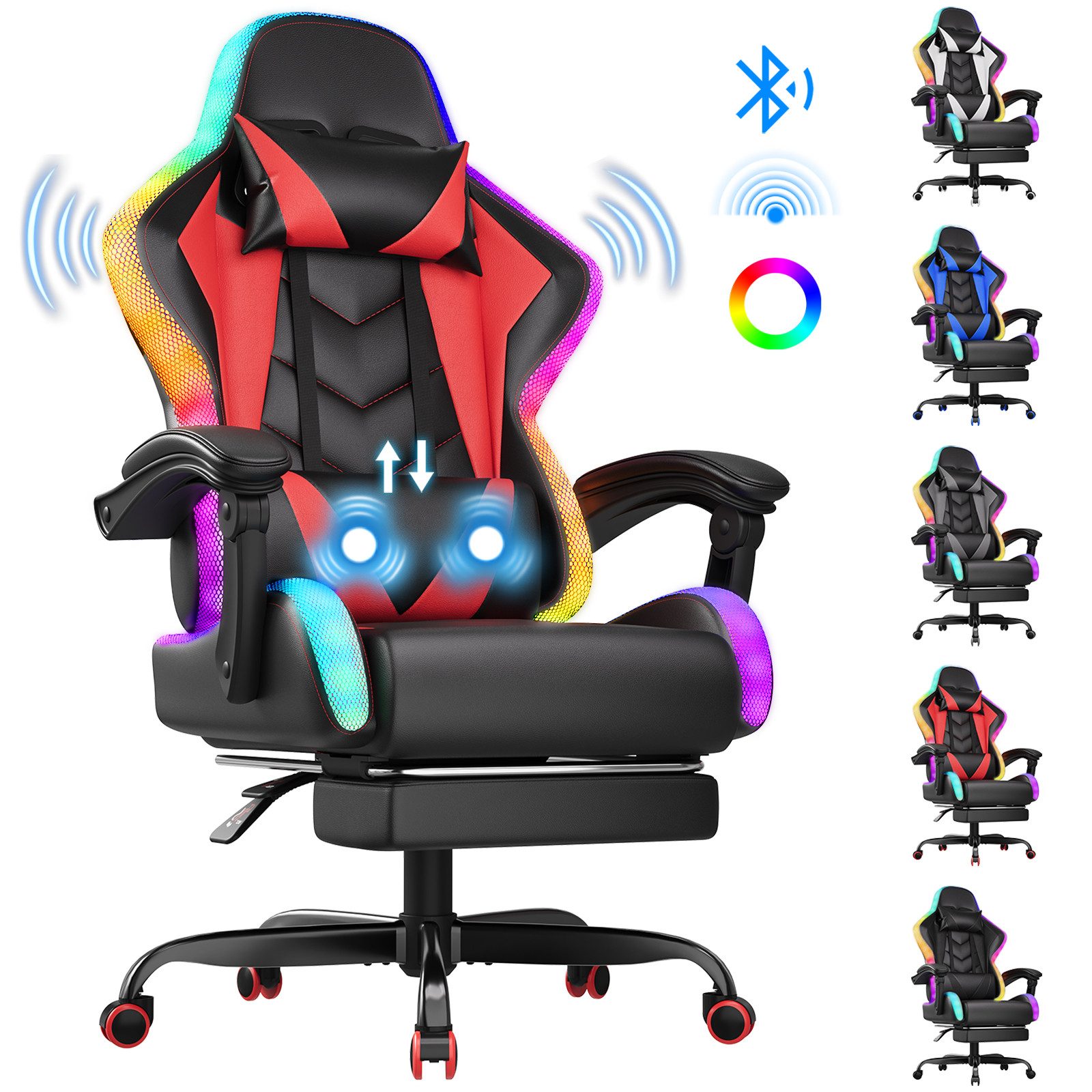 HOMALL Gaming-Stuhl mit LED,Ergonomisch,Fußstütze,computerstuhl,gaming stuhl mit massage (Die LED-Beleuchtung ist einstellbar, das Massagekissen für den Rücken ist beweglich), Ergonomischer Bürostuhl,Kopfstütze und Lendenstütze