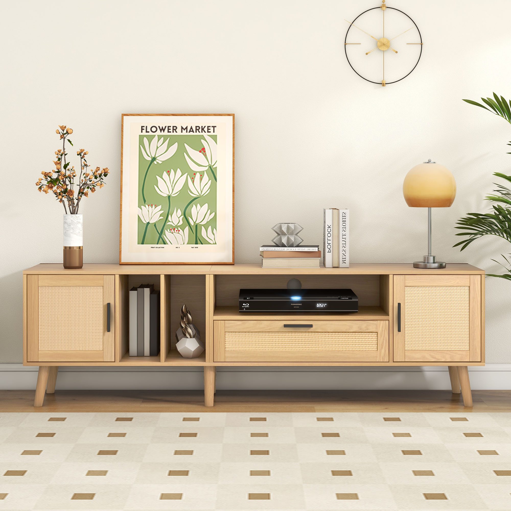 MC Star TV-Ständer Geräumiger 180-cm-TV-Schrank mit Rattan-Dekoration, (2 Türen und einer Schublade, Beine aus Massivholz, bietet Platz für einen 80-Zoll-Fernseher, TV-Aufbewahrungsschrank, TV-Schrank)