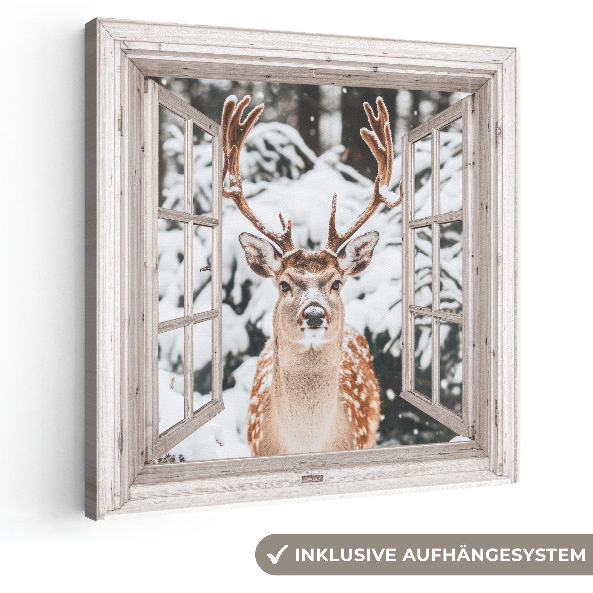 OneMillionCanvasses® Leinwandbild Durchgucken - Hirsch - Schnee - Winter - Wald - Tiere - Natur, Fotodruck (1 St), Wandbild, Deko Schlafzimmer Wohnzimmer Flur 20x20 cm