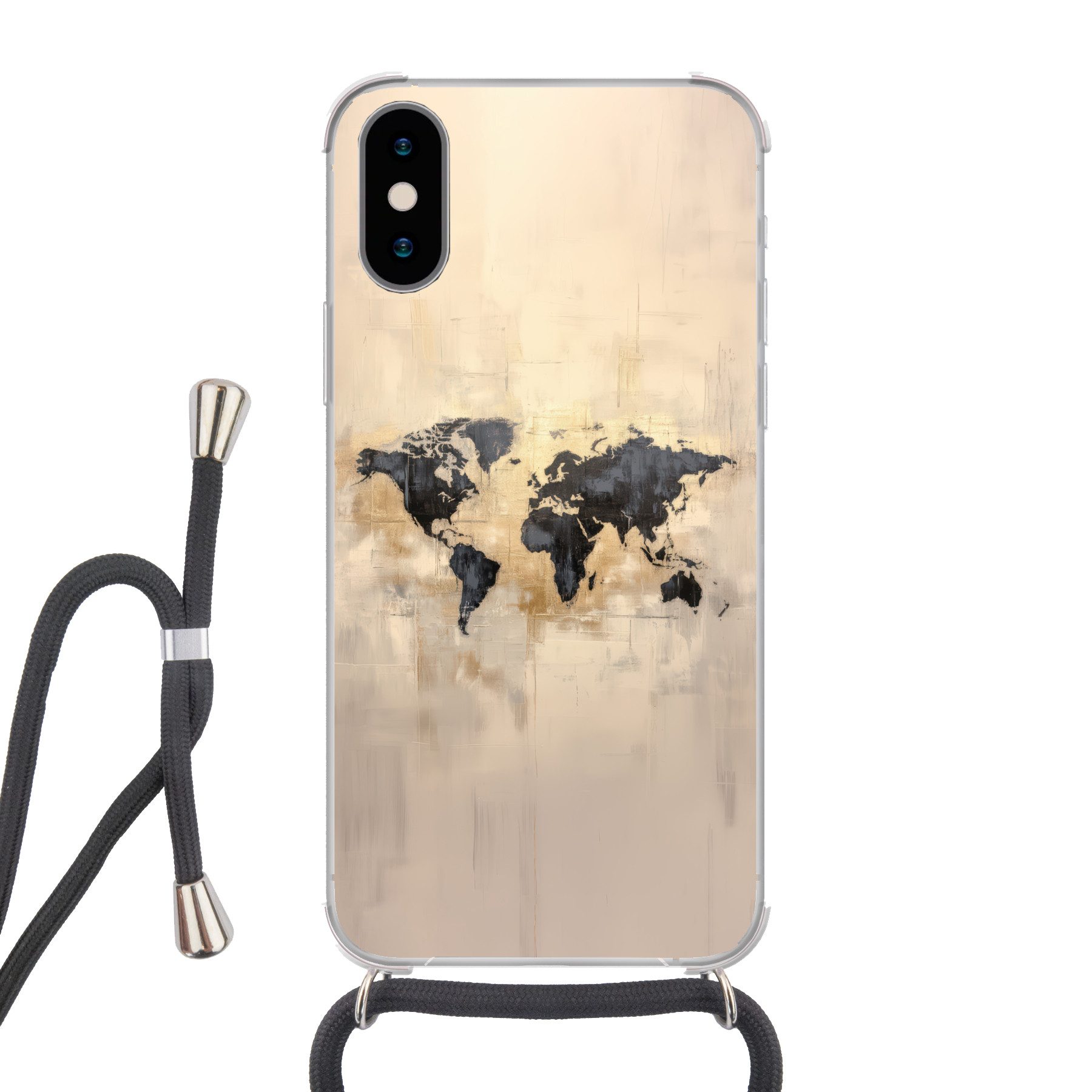 MuchoWow Handyhülle für Apple iPhone X Weltkarte - Gold - Schwarz - Abstrakt, Tragbare Handyhüllen mit Kette zum umhängen, Handykette Handyband