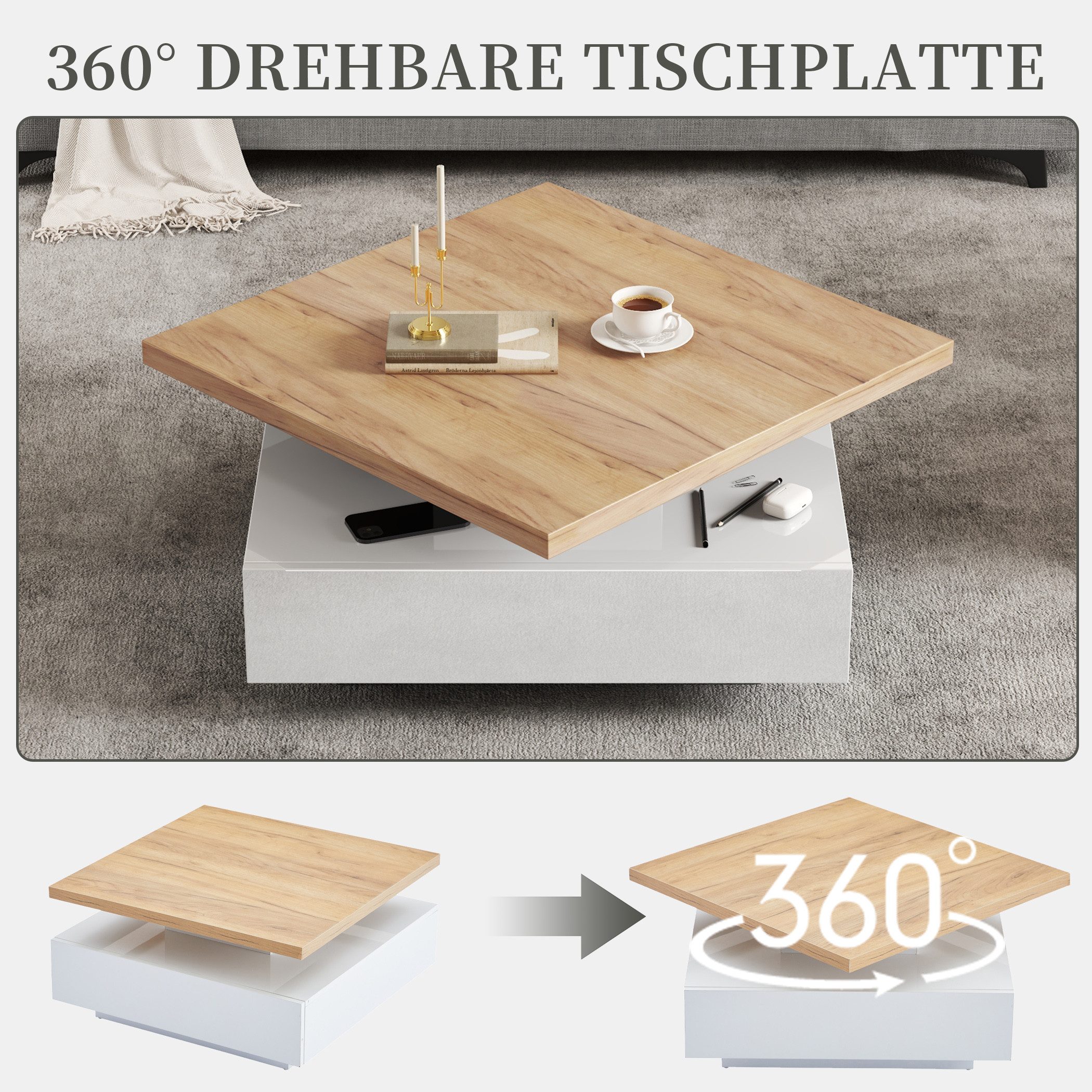 SeedWave Couchtisch Quadratischer Sofatisch mit 360° Drehbarer Ober-Tischplatte, Schublade, Hochglänzende Oberfläche an Unterseiten
