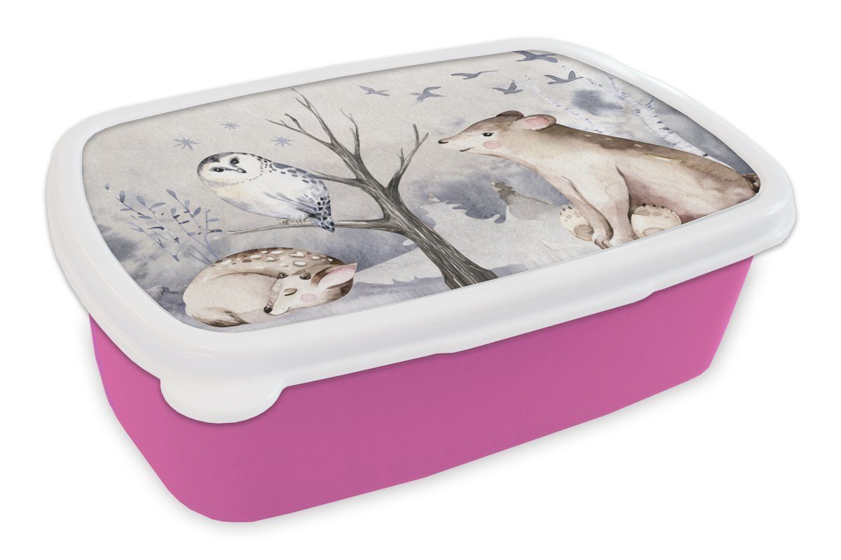 MuchoWow Lunchbox Winter - Hirsch - Eule - Bär, Kunststoff, (2-tlg), Brotbox für Erwachsene, Brotdose Kinder, Snackbox, Mädchen, Kunststoff rosa