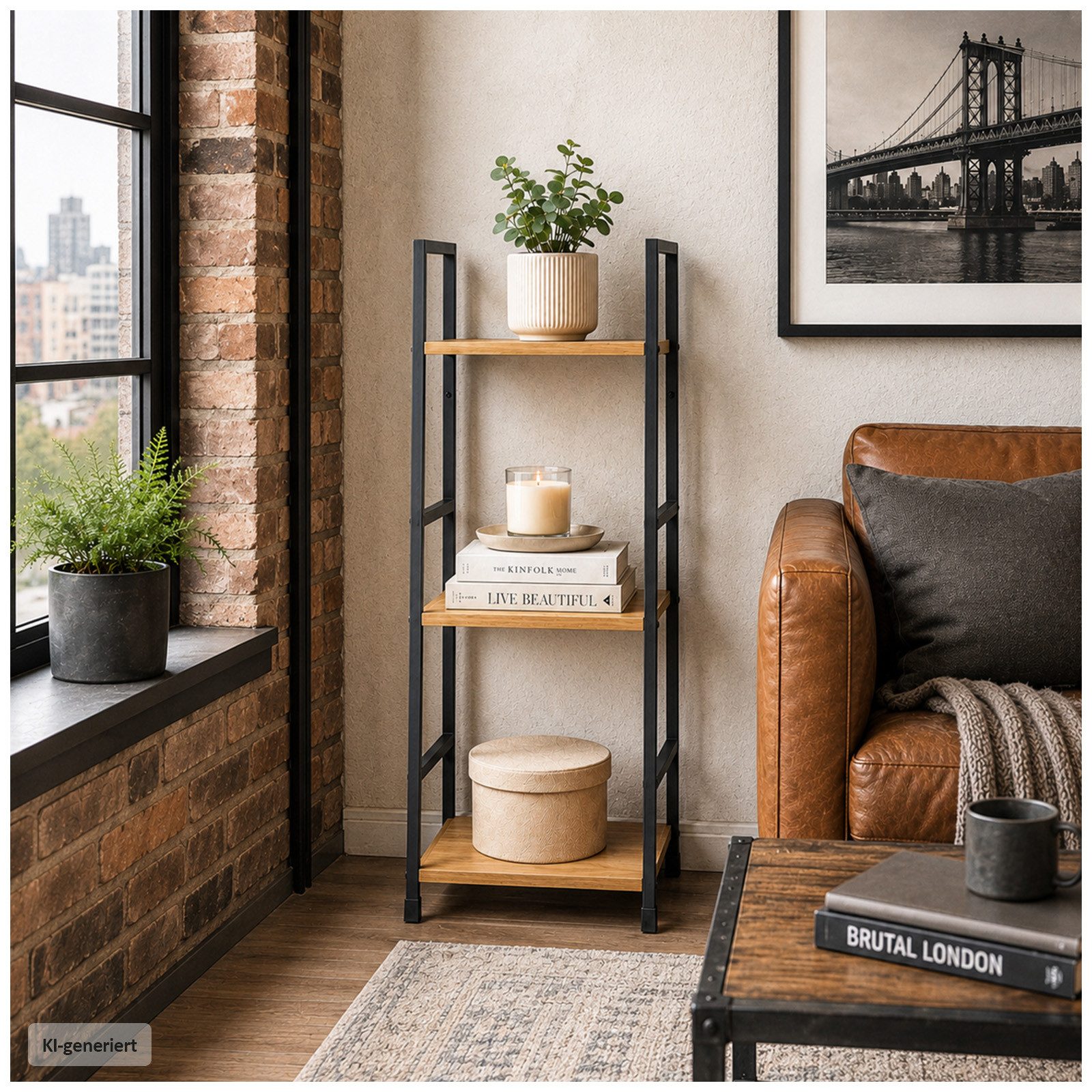 HTI-Living Standregal Elio mit 3 Ablagen, Stahlgestell, MDF-Böden in Artisaneiche, 1 Stück 1-tlg., Industrie Design mit drei praktischen Ablageflächen