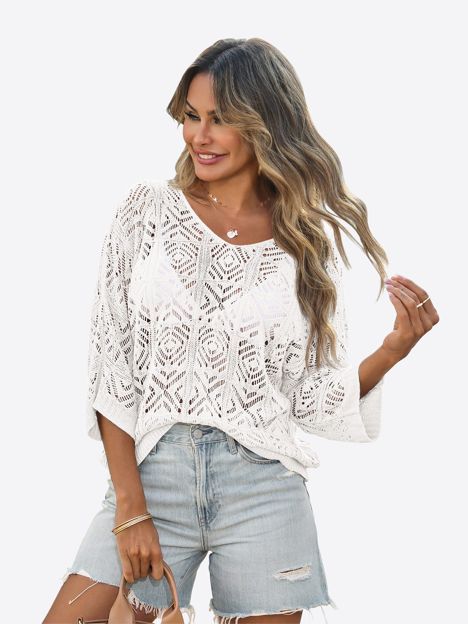Imily Bela Kurzarmpullover Damen Boho Cover-Up Top aus gehäkeltem Netz (Packung, 1-tlg., 1per-Pack) einfarbig