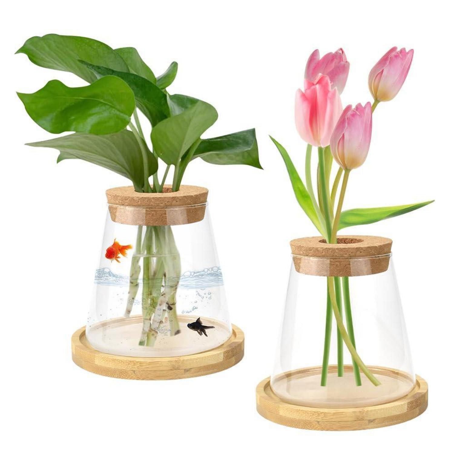 LuxusKollektion Tischvase 2er Set Hydrokultur Glasvase 330ml mit Holz (2 St)