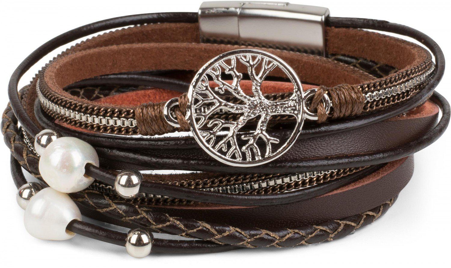 styleBREAKER Wickelarmband (1-tlg), Wickelarmband mit Perlen, Kette & Lebensbaum