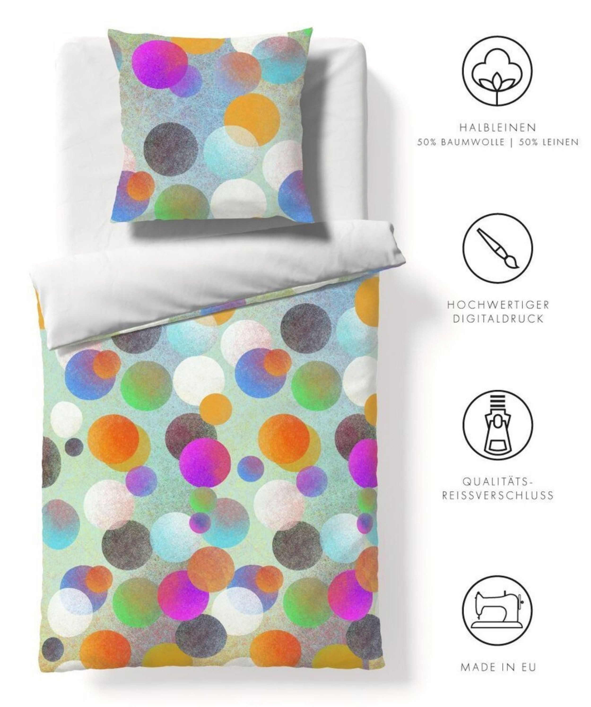 fleuresse Bettwäsche Fleuresse Halbleinen Bettwäsche 200x220 Punkte Kreise bunt Wende 34450, Halbleinen, 3 teilig, sommerlich - leicht - luftig