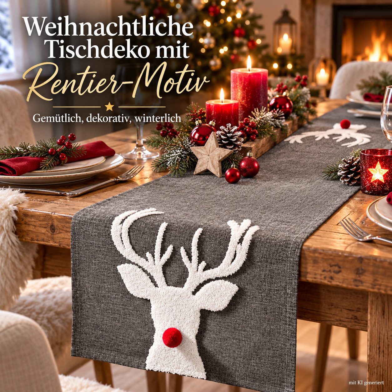 Weltbild Tischläufer Weihnachten Rentier 140x40 cm Weihnachtstischdecke Tischdecke, Weihnachtsdeko Tischdeko Festliche Tischdekoration Advent Dekoration