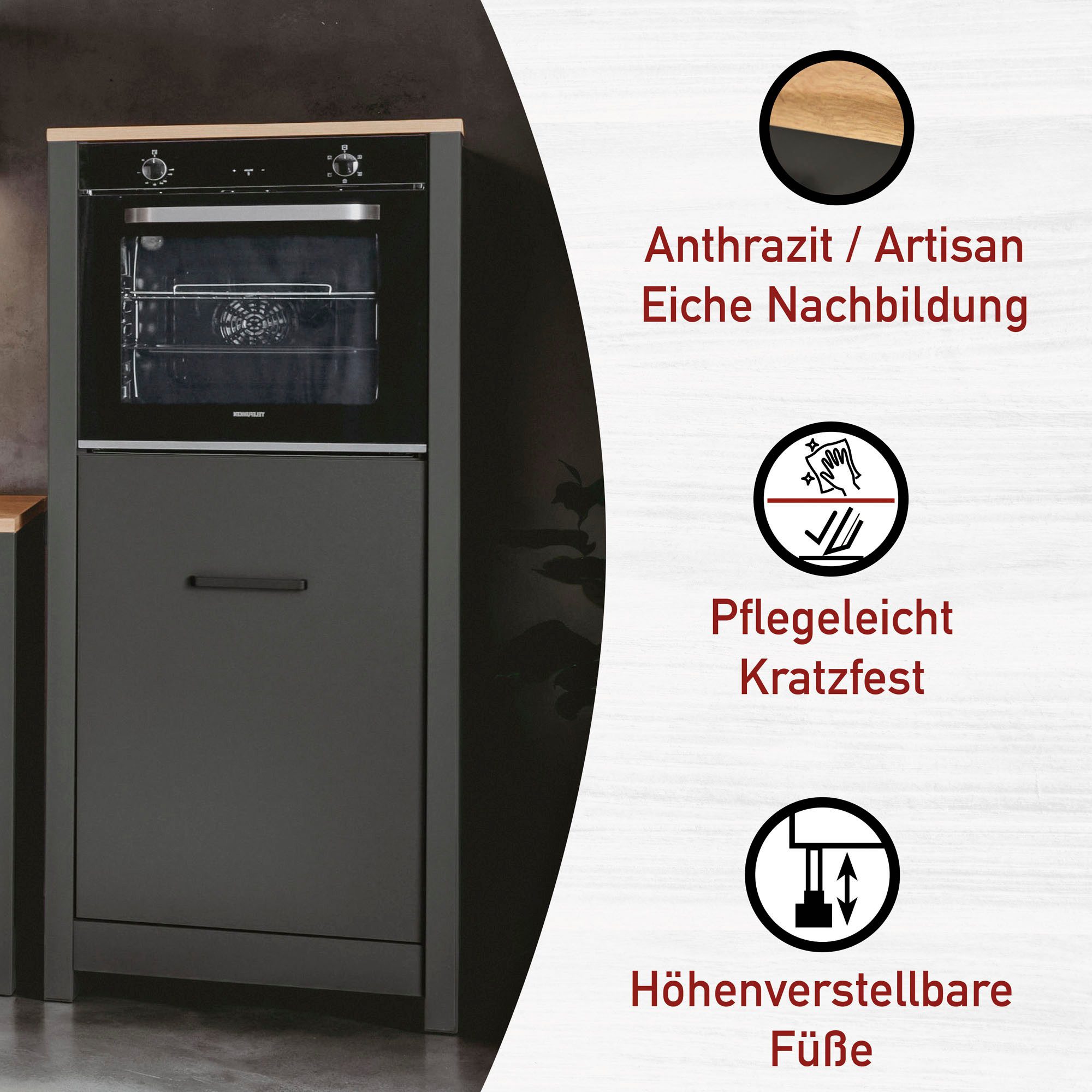 Inter Link Backofen/Kühlumbauschrank Pienza, Küchenschrank, Backofenschrank, Kühlschrankintegration (1-St) Backofen & Kühlschrank, Softclose, Füße höhenverstellbar, 70x60x167 cm