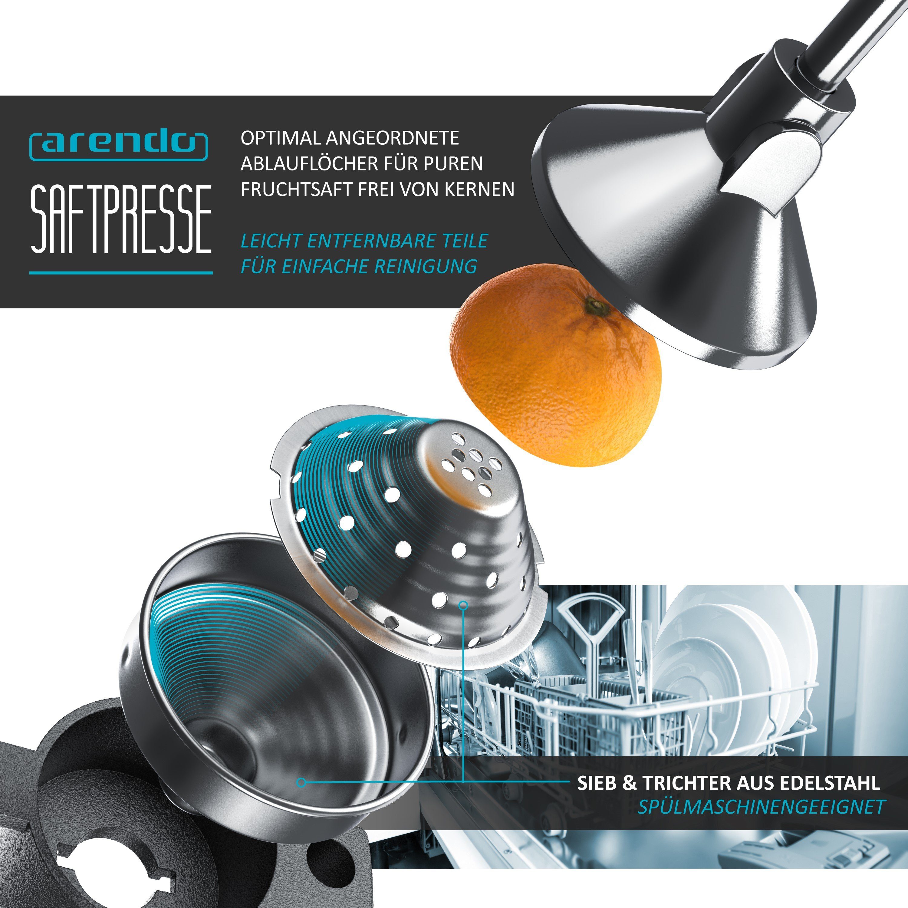 Arendo Obstpresse Edelstahl Handentsafter, mechanischer Entsafter, Orangenpresse, Edelstahl, Saftpresse, für Orangen Pampelmusen Zitrusfrüchte, massive Bauweise