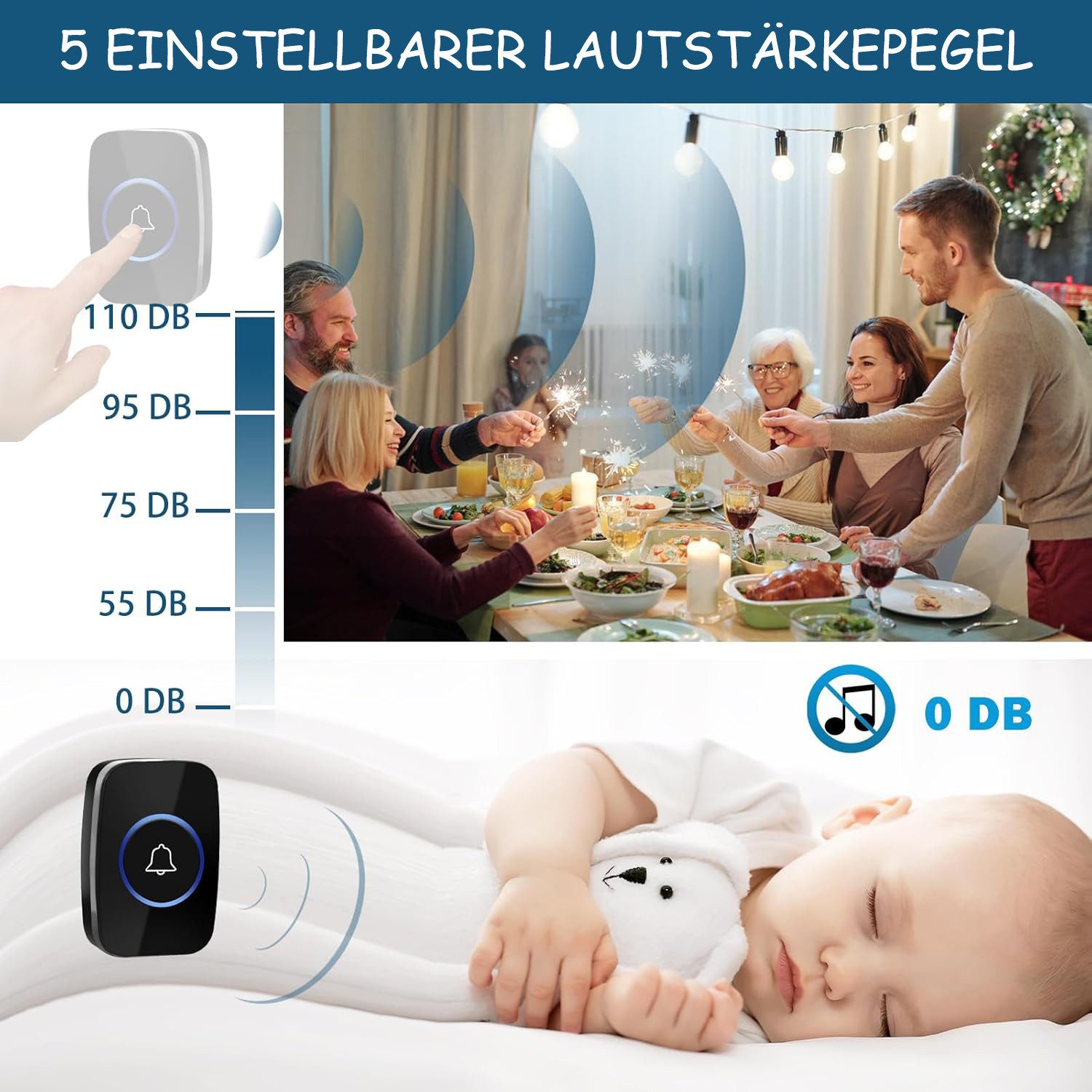 SinLaw Türklingel Drahtlose Türklingel, 300 Meter Ring Doorbell IP44 Wasserdicht (1-St), Haustürklingel-Set, 5 Bände – Bild 3 von 5