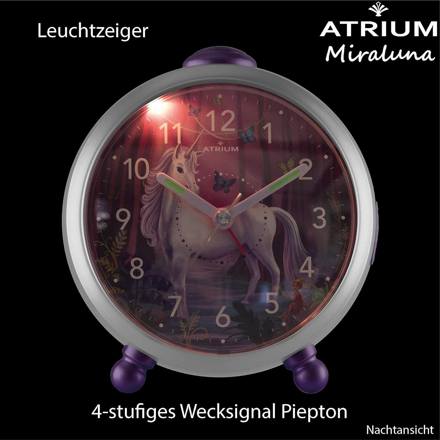 Atrium Kinderwecker A932-0 Miraluna Analog Quarz leise Licht Snooze Mädchen Einhorn Lila Geschenk Ø10,5cm – Bild 5 von 5