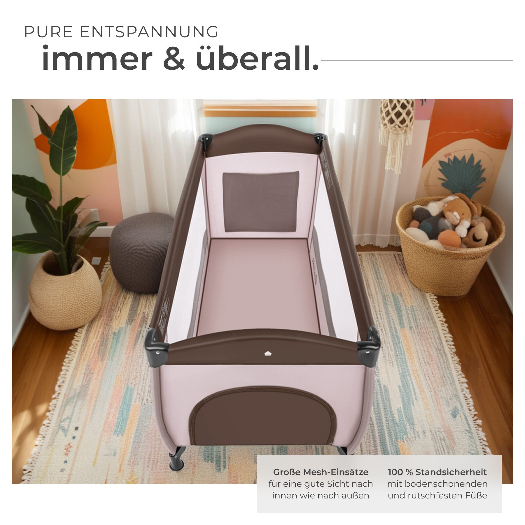 tectake Baby-Reisebett Kinderbett 126x65x80cm mit Transporttasche, mit großen Mesh-Einsätzen und Seiteneingang in Kaffee Farbe – Bild 4 von 5
