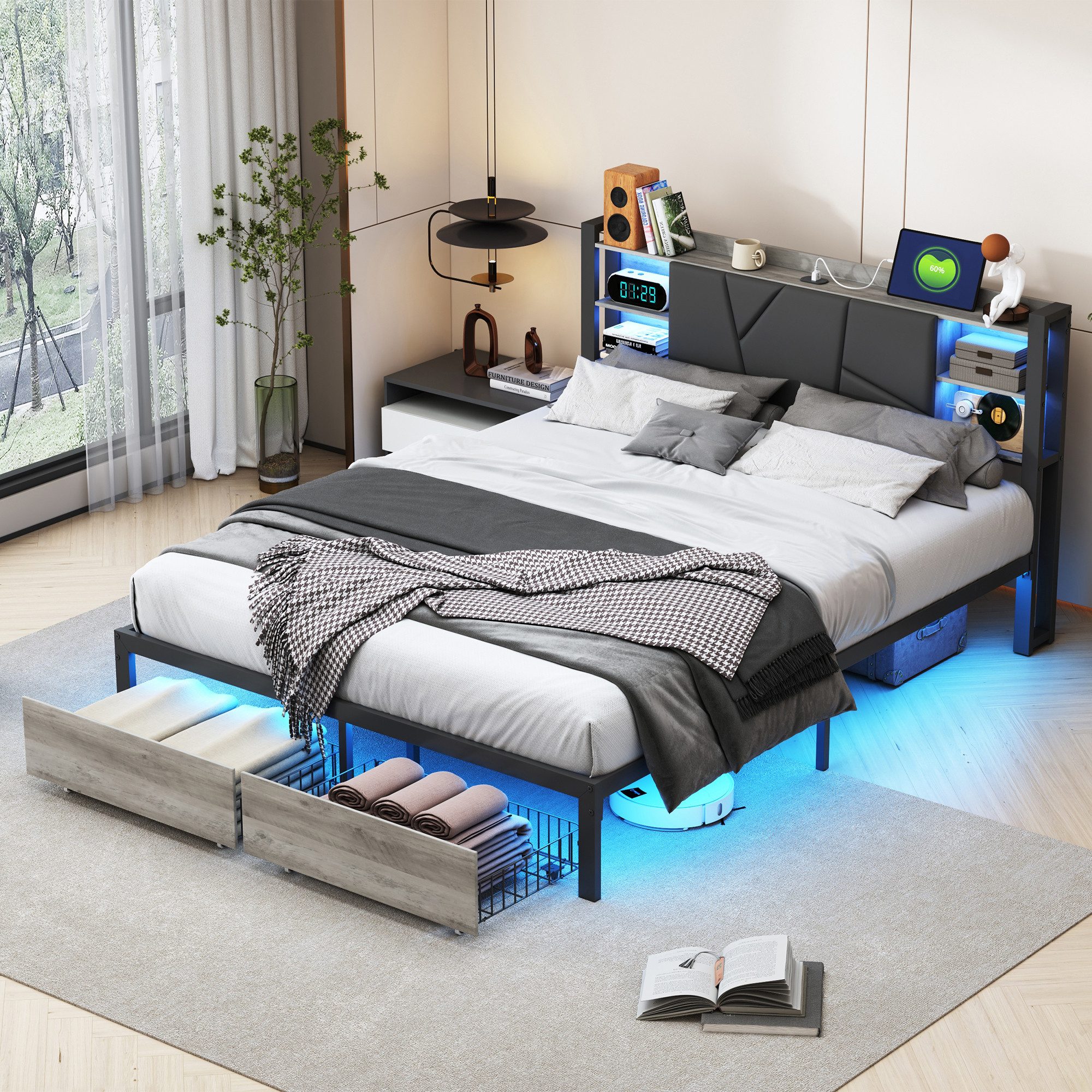 Simurq Bettgestell LED Doppelbett 160x200 cm mit USB & 2 Schubladen Stauraum (Set, 1-tlg) (Bettgestell 160x200 mit Lattenrost,Belastbar bis 350 kg), Jugendbett,Industriebett,Schubladenbett,Stauraumbett