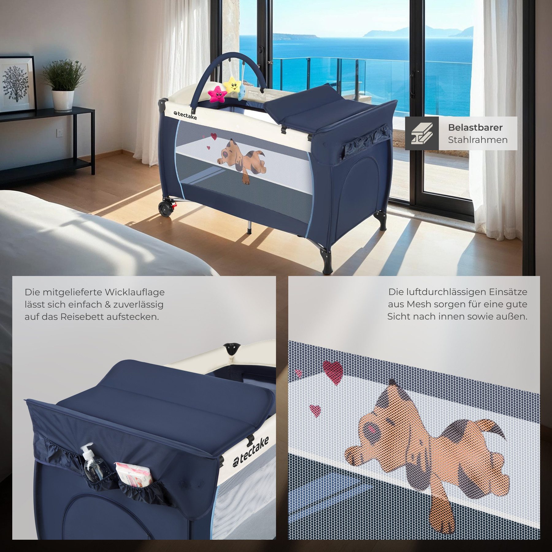 tectake Baby-Reisebett Kinderbett mit Wickelauflage und Transporttasche 132x75x104cm, mit großen Mesh-Einsätzen, Wickelauflage und Seiteneingang in blau – Bild 4 von 5