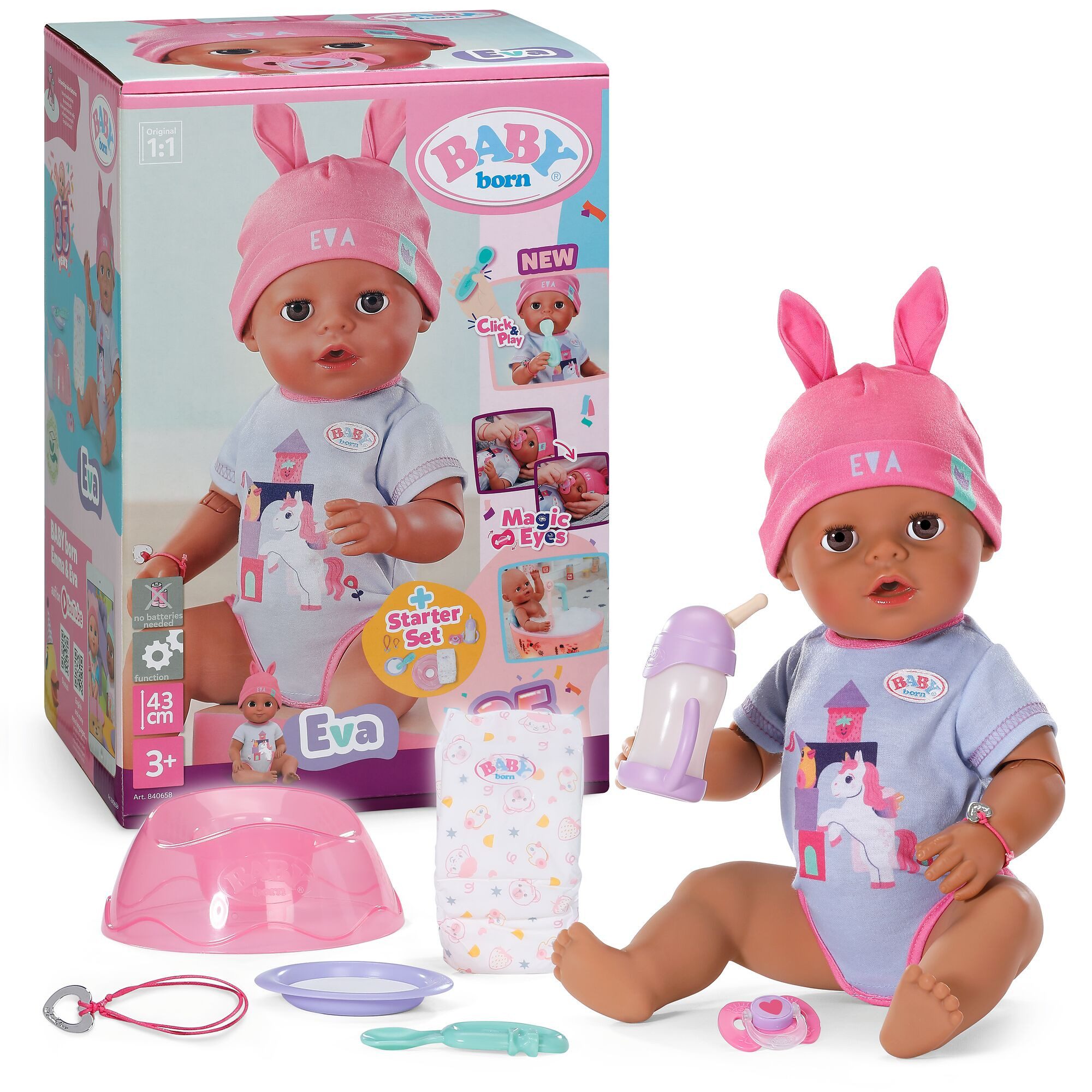 Baby Born Babypuppe Eva Click & Play 43 cm, mit Click-&-Play: Hält Fläschchen und Löffel selbst - ohne Batterien