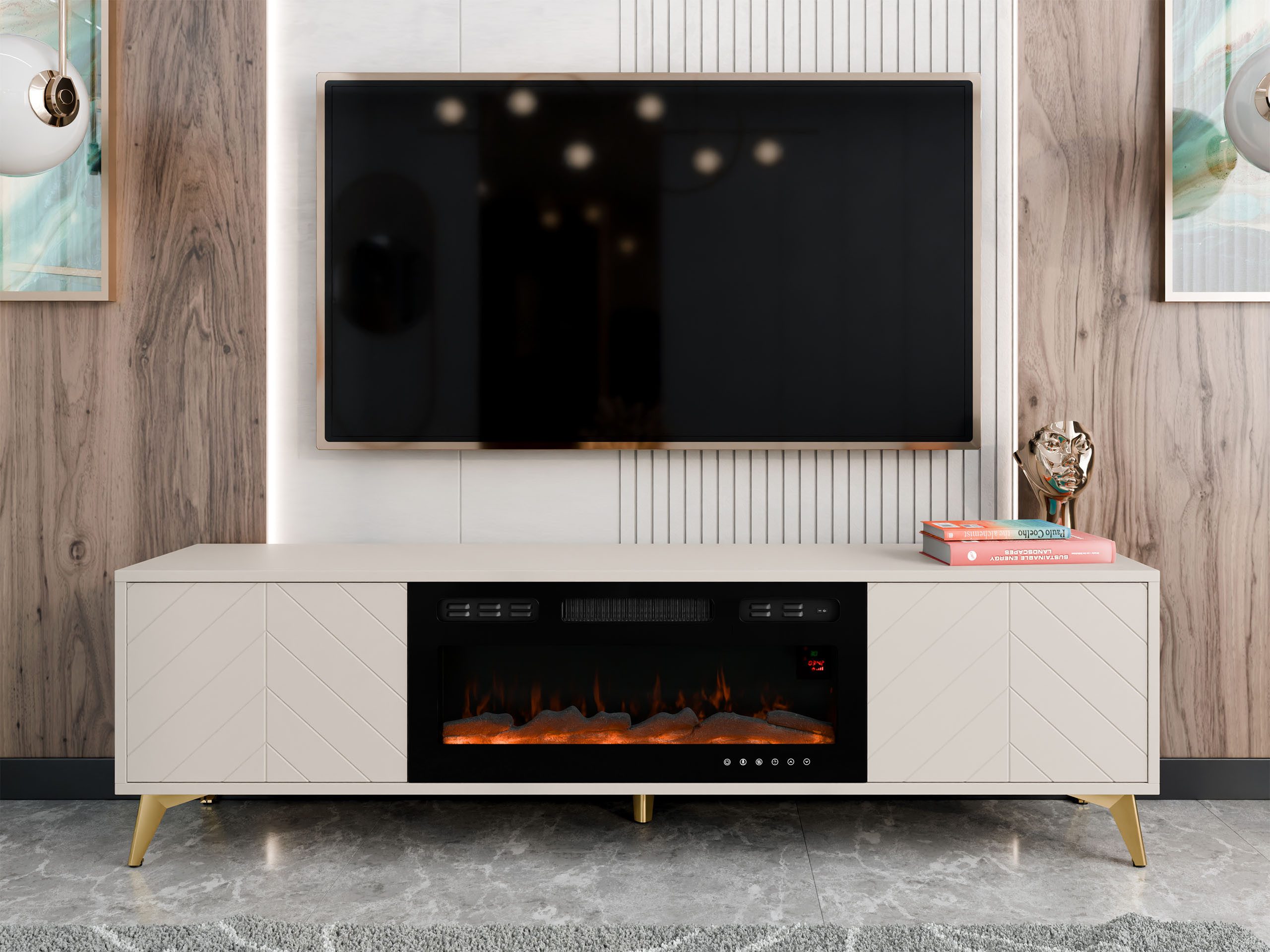 MIRJAN24 TV-Schrank Xylix 2D EF mit Elektrische Kamin (mit zwei Drehtüren) Realistische LED-Flamme, Füße aus Metall in der Farbe Gold
