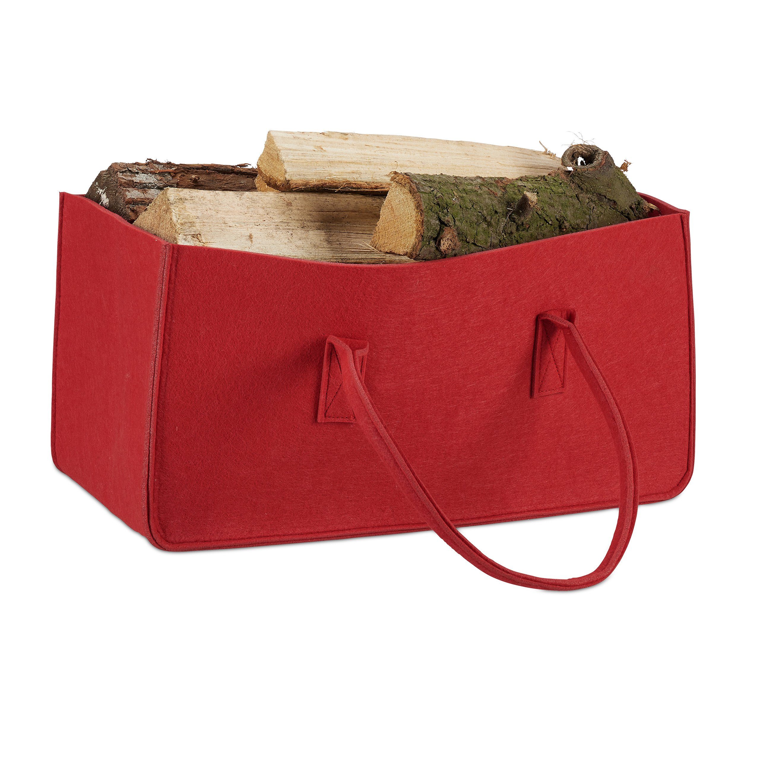 relaxdays Holztragetasche Filz, Rot aus Kaminholztasche