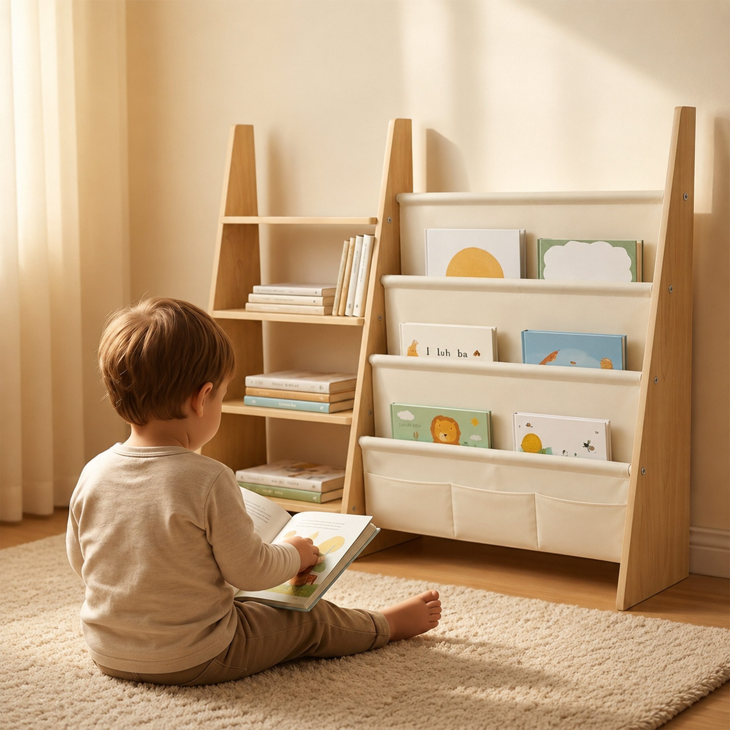 relaxdays Kinderregal Kinderbücherregal Stofftaschen & Ablagen