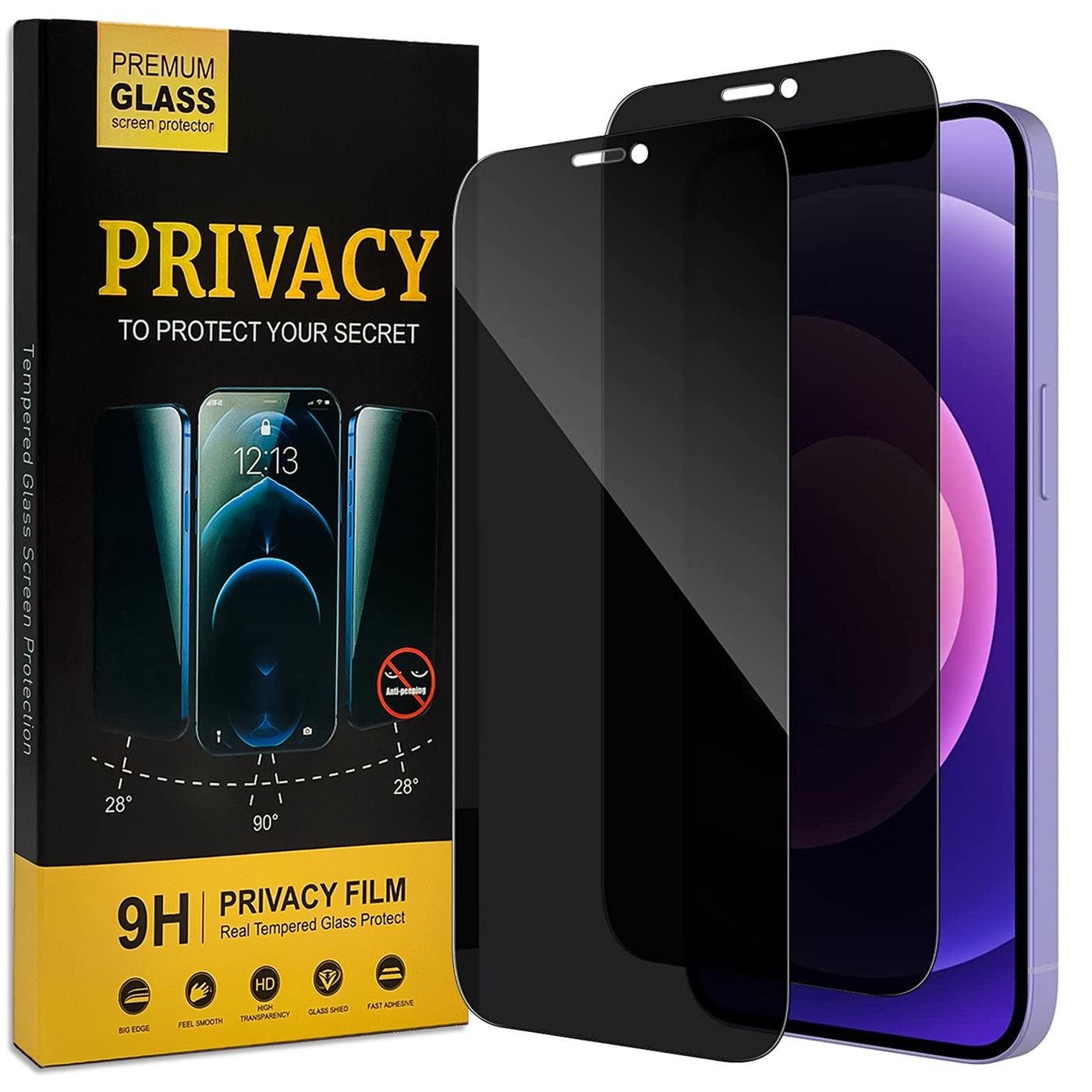 CoolGadget Schutzfolie Sichtschutz Panzerfolie für iPhone 12, (Spar-Set 2in1, Fullscreen), Privacy Fullscreen Glas 2x Anti-Spy Schutzfolie für iPhone 12 Folie