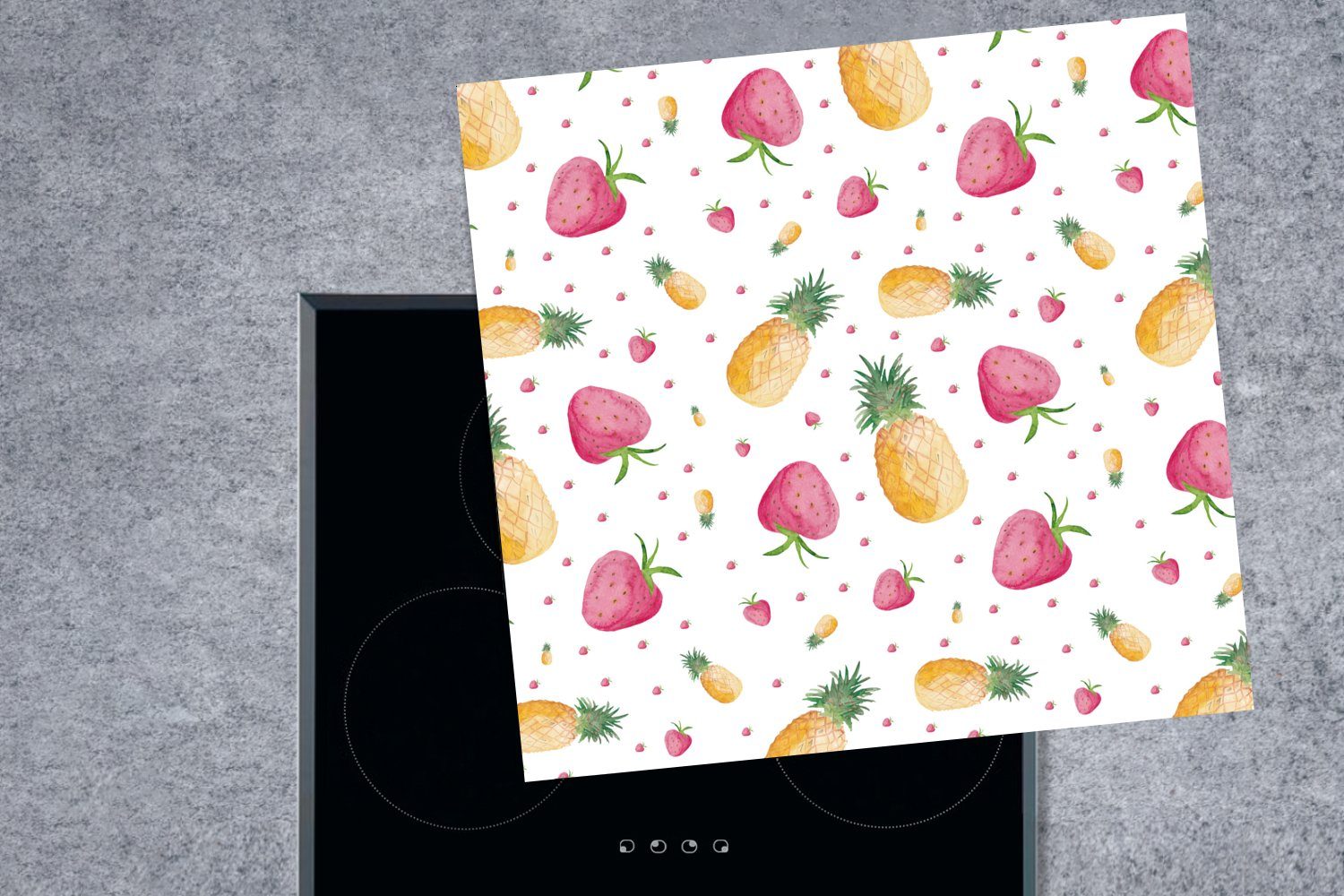 78x78 Aquarell Schablonen, Ananas - (1 Erdbeeren cm, Ceranfeldabdeckung, tlg), küche Herdblende-/Abdeckplatte Vinyl, für - MuchoWow - Arbeitsplatte