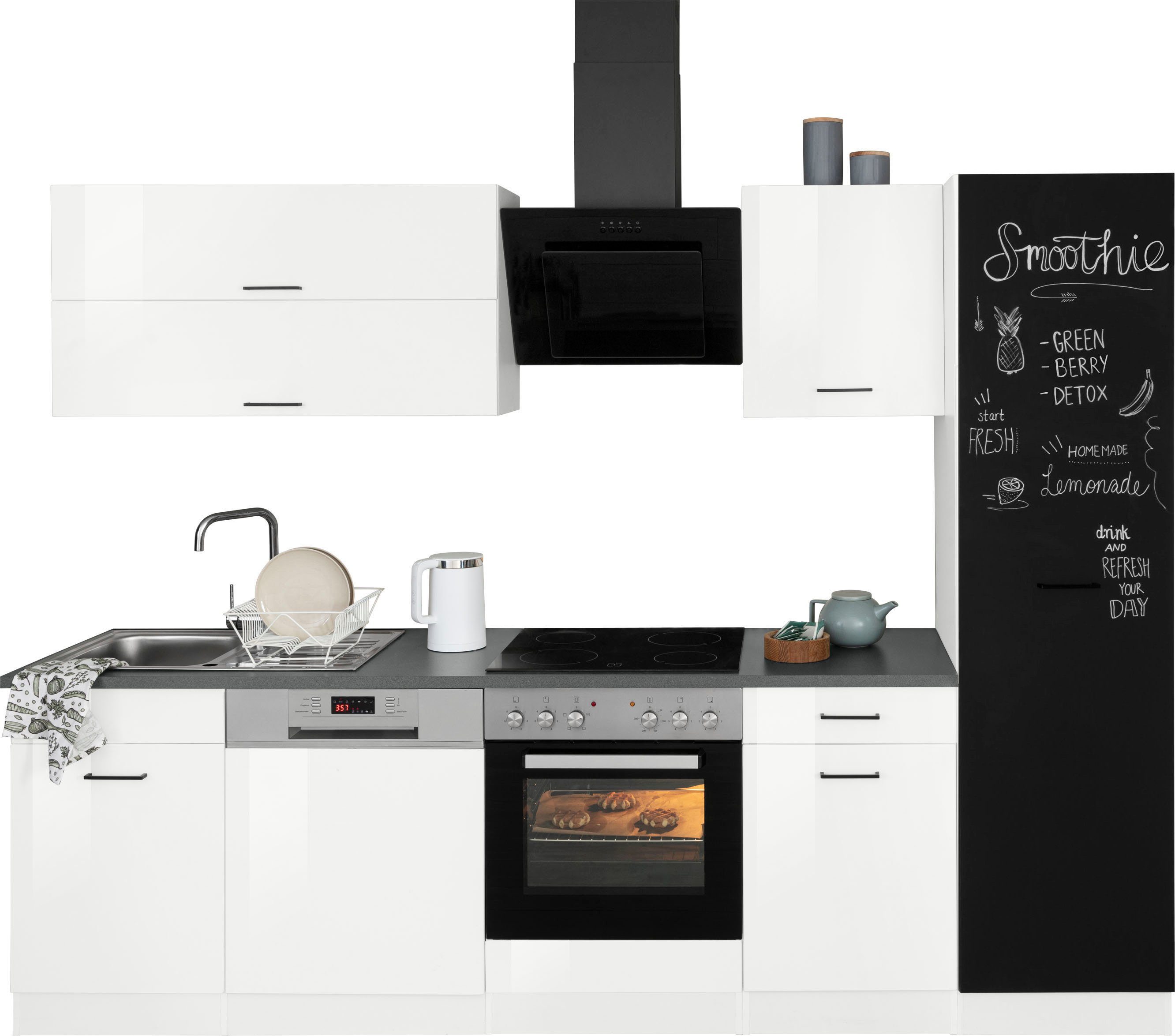 HELD MÖBEL Küchenzeile Trier, mit E-Geräten, Breite 270 cm, Vorratschrank  mit schwarzer Tafelfront zum Beschreiben mit Kreide