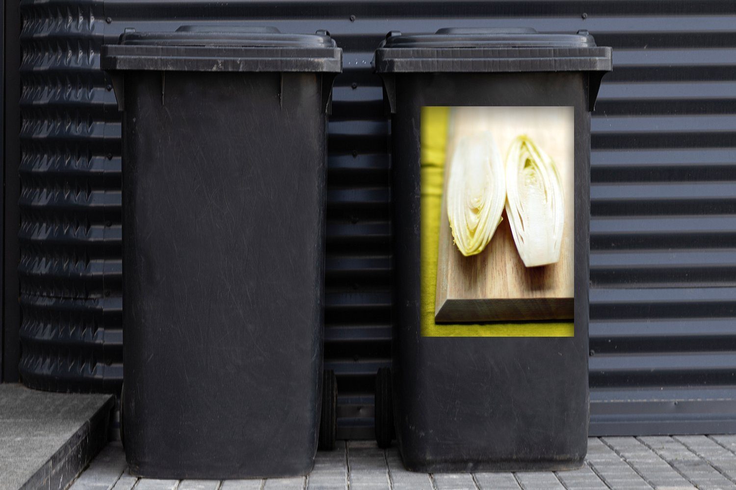 Chicorée Container, von Mülleimer-aufkleber, St), (1 geschnittenem Abfalbehälter Sticker, hölzernen Nahaufnahme auf Mülltonne, einem Wandsticker MuchoWow