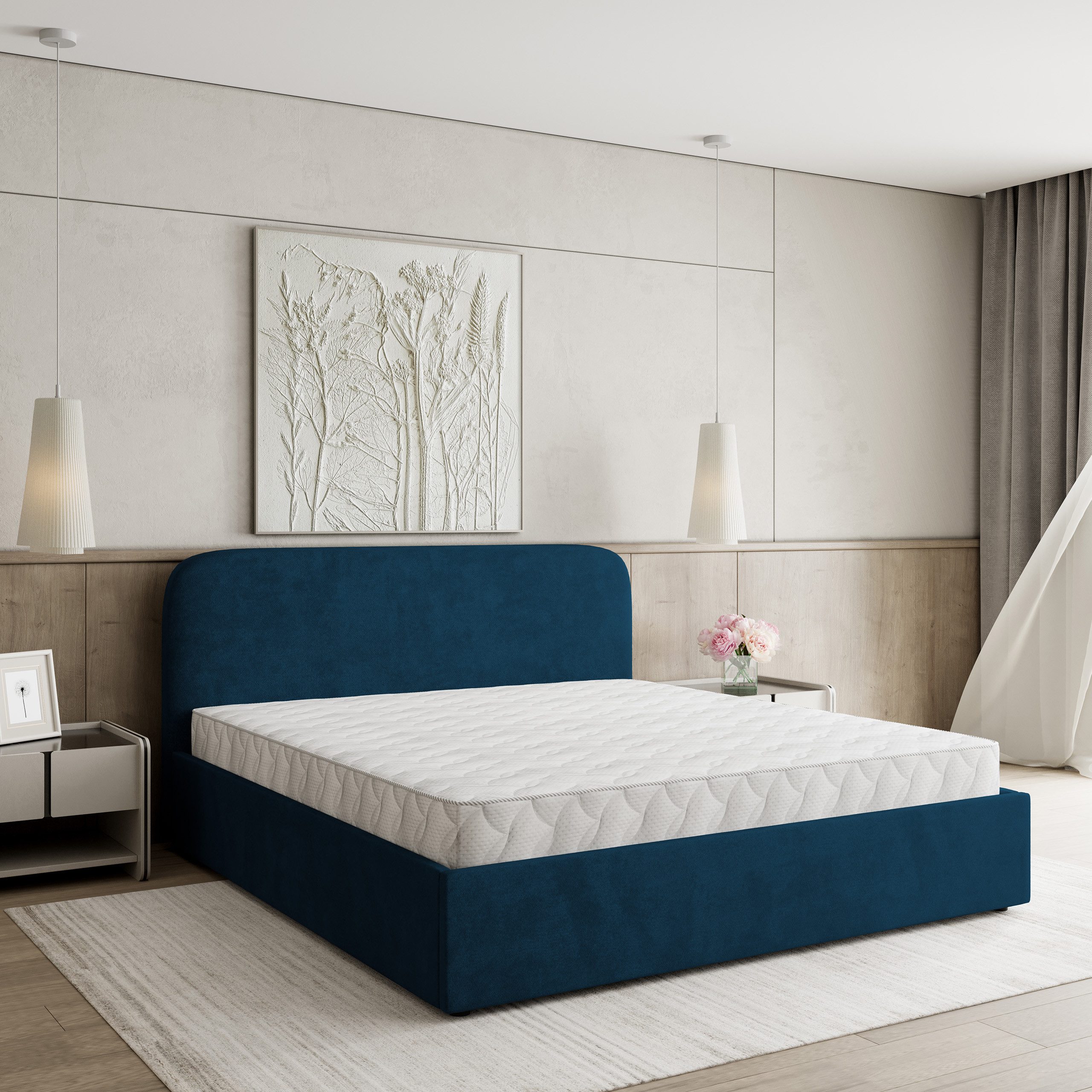 Masseno Polsterbett RENIVE 120x200 cm blau (mit Bettkasten und Lattenrost)