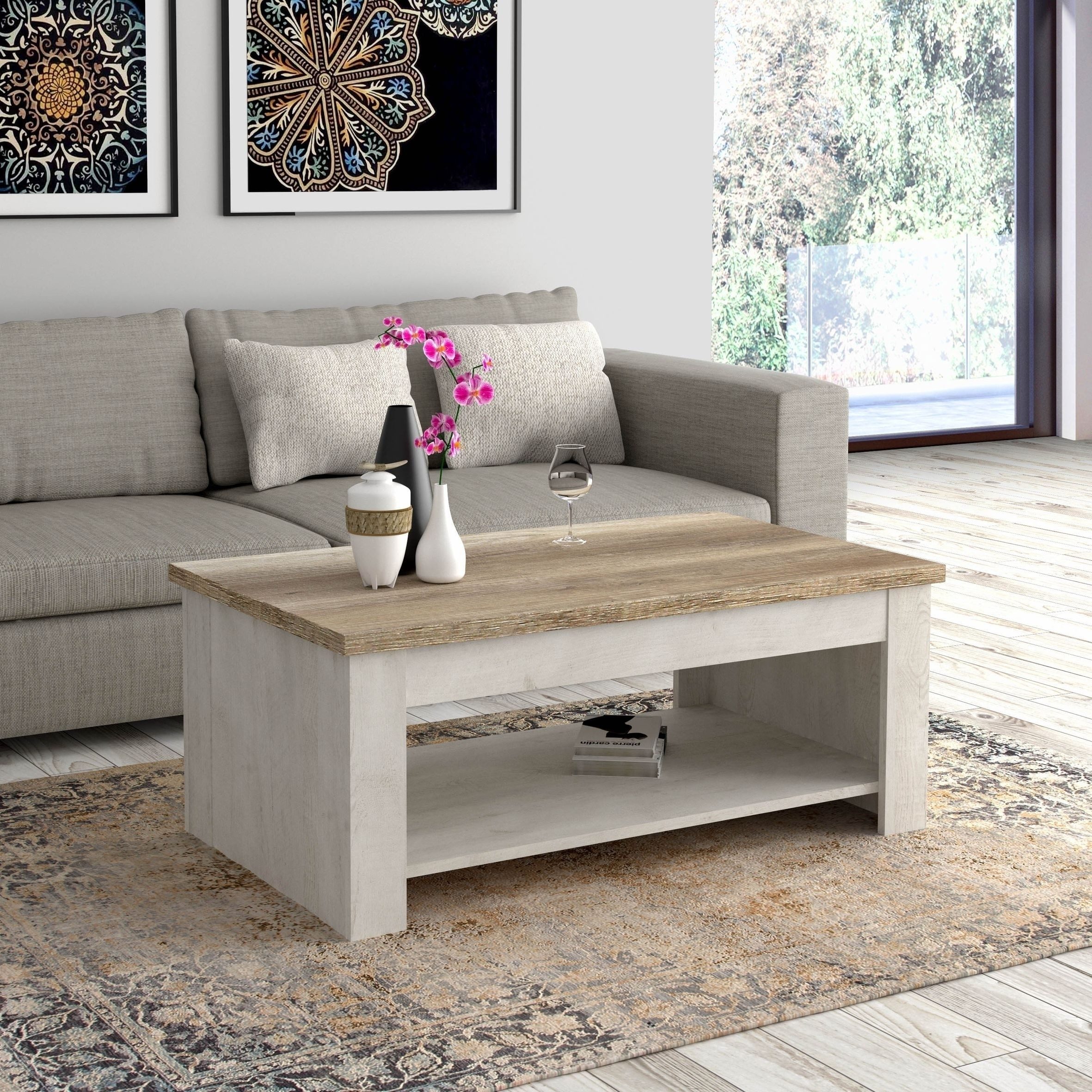 freiraum Couchtisch DURO, aufklappbar 76,3cm, Pinie weiss / Eiche - 110x45,2/67,3x65cm (B/H/T)
