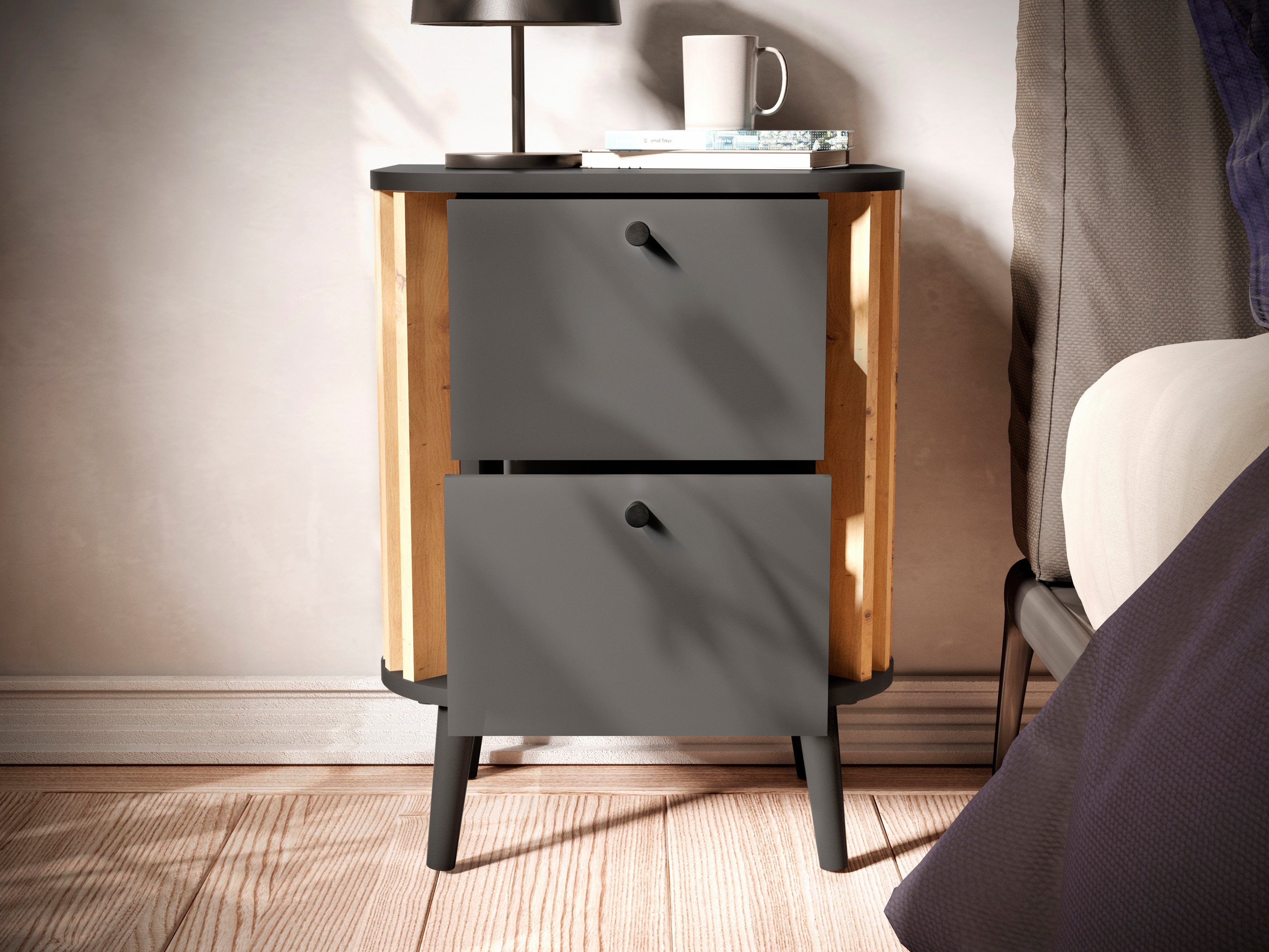 Kommode Stavanger, Höhe 60 cm, Paneel-Stäbchen-Optik, 2 Schubkästen