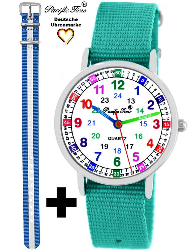 Pacific Time Quarzuhr Set Kinder Armbanduhr Lernuhr Wechselarmband, Mix und Match Design - Gratis Versand türkis und Reflektor blau | Quarzuhren