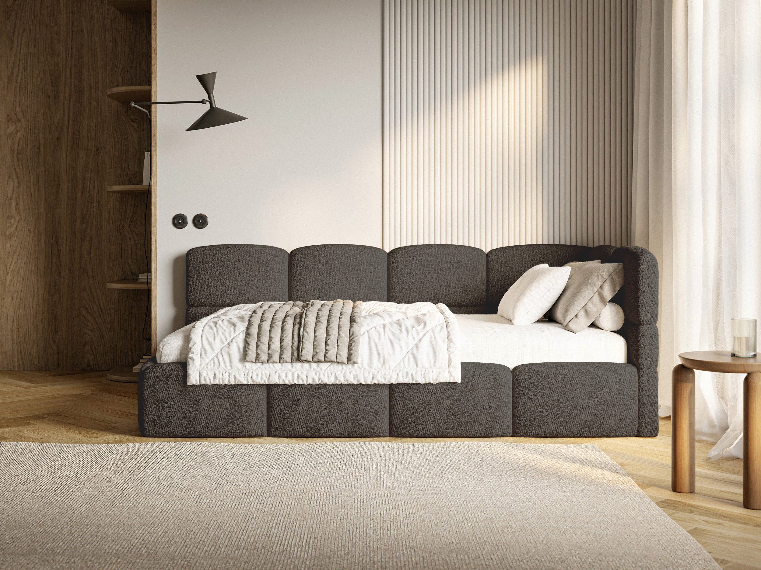 Selsey Einzelbett CLOUDY, Einzelbett 120x200, Eck-Kopfteil, Matratze & Bettkasten, Bouclé