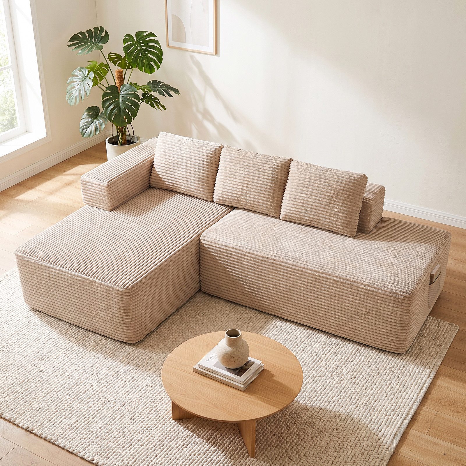 COMHOMA Sofa Ecksofa, Corduroy Modulares Boneless Couch mit Chaiselongue, Metallgestell, L-Form Schlafsofa mit Kissen & Seitentaschen