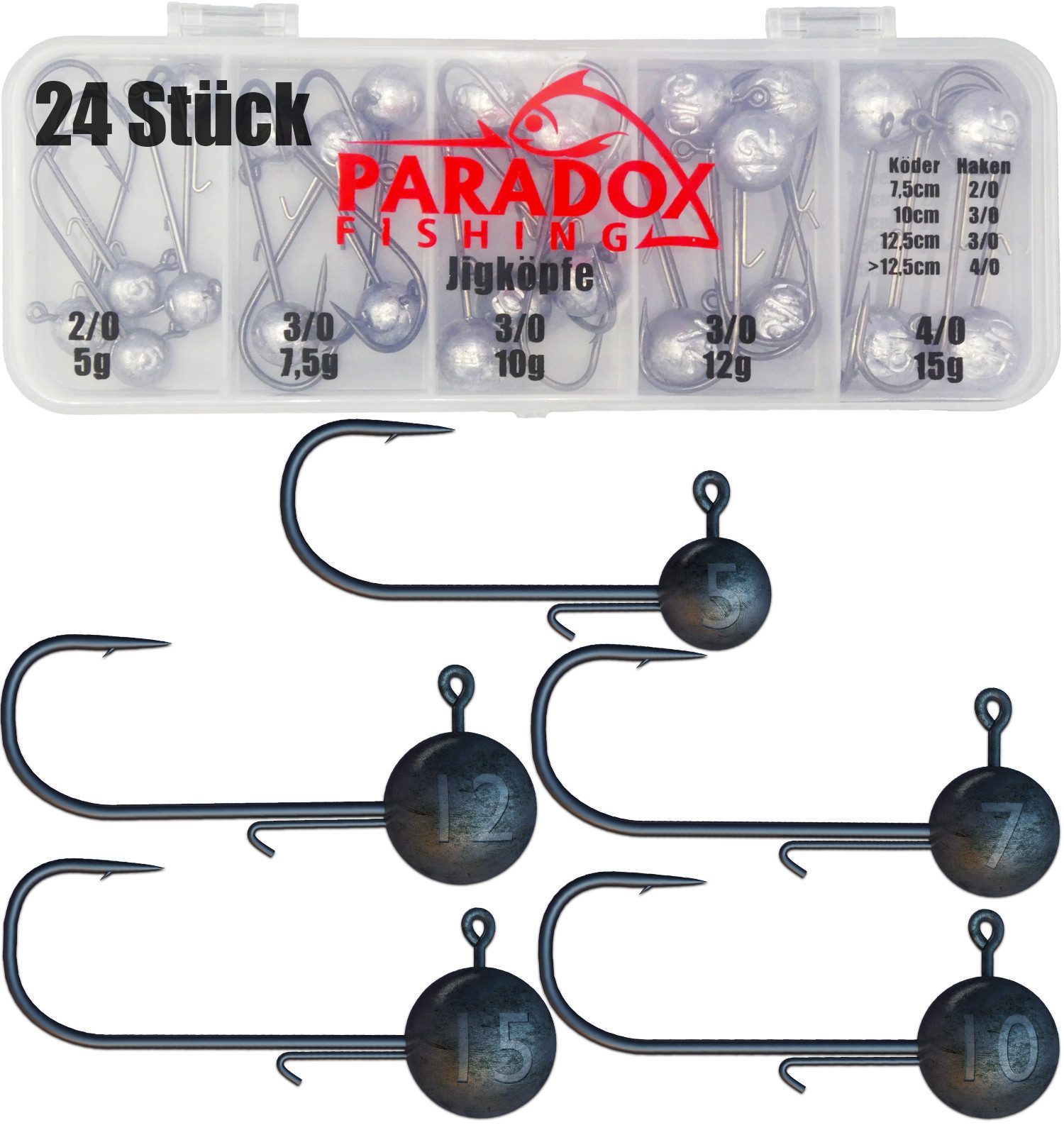 Paradox Fishing Jighaken Jigköpfe Set (5g/7,5g/10g/12g/15g) 25-teilig je 5/4 Jighaken mit Box, mit Baitholder, ultra scharf